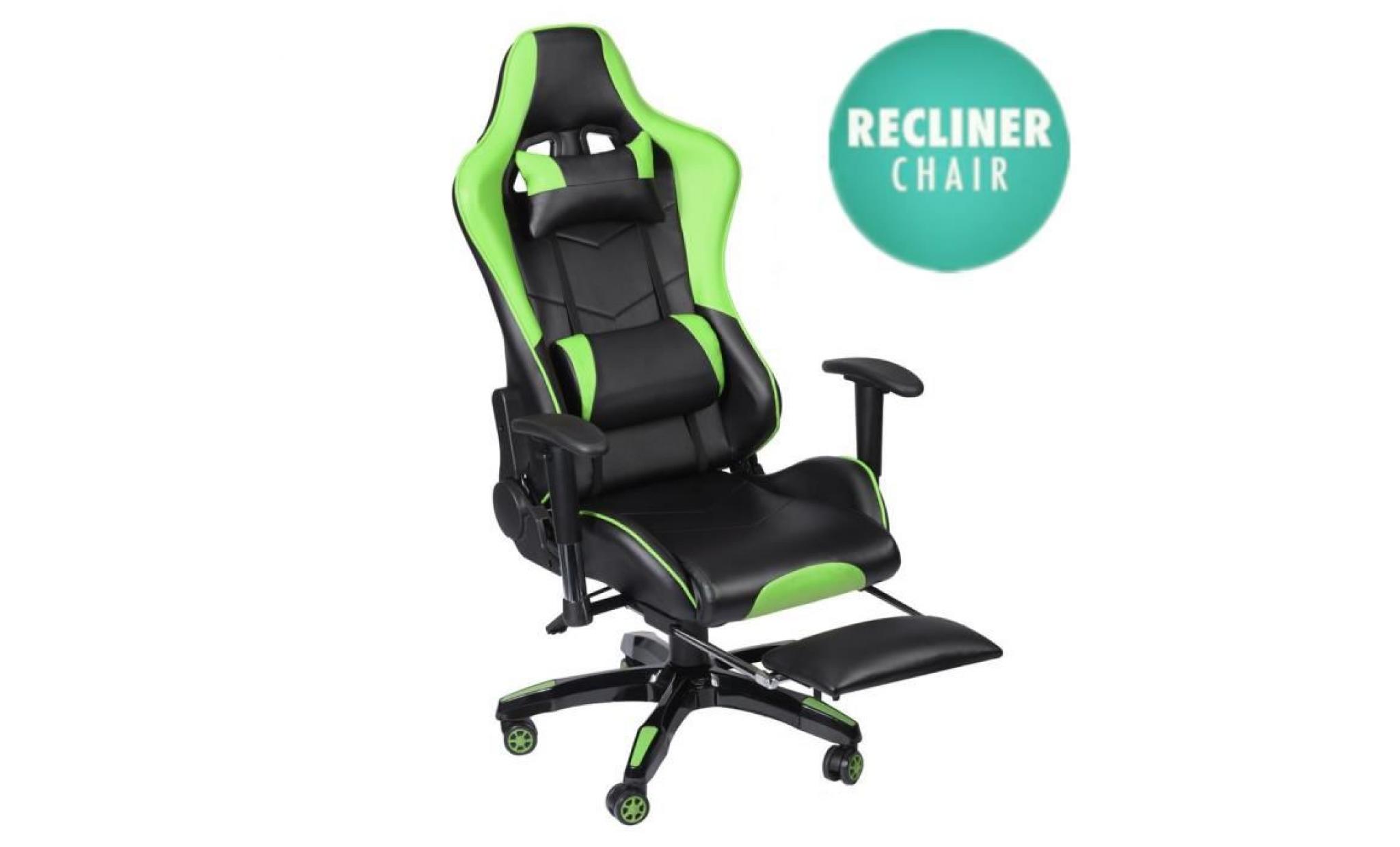 pro chaise de bureau fauteuil gamer (oreiller cervical + taille)  a roulettes   cuir pu  vert