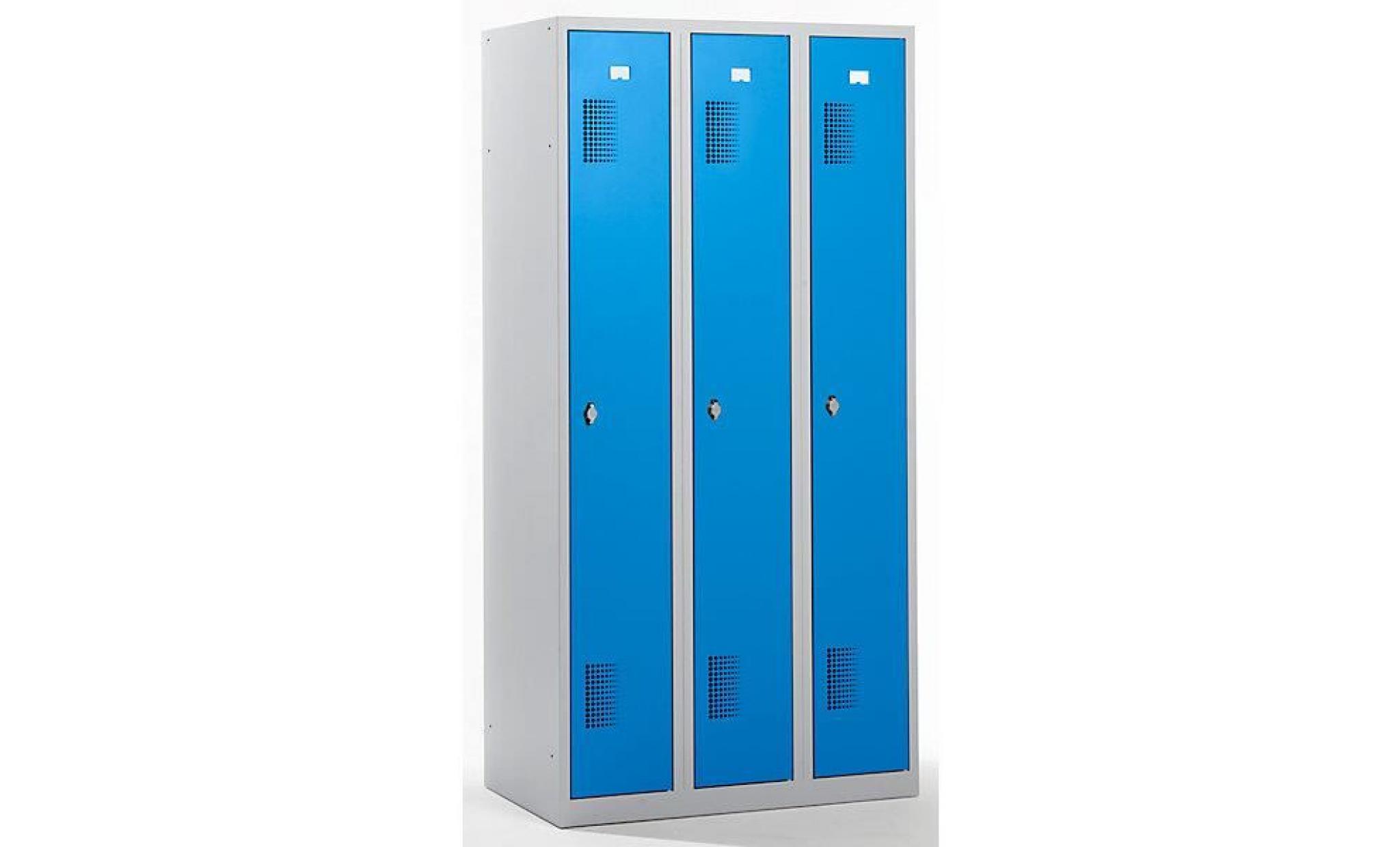 quipo vestiaire   largeur 900 mm, 3 compartiments de 298 mm, serrure à cylindre corps gris clair, portes bleu clair   armoire