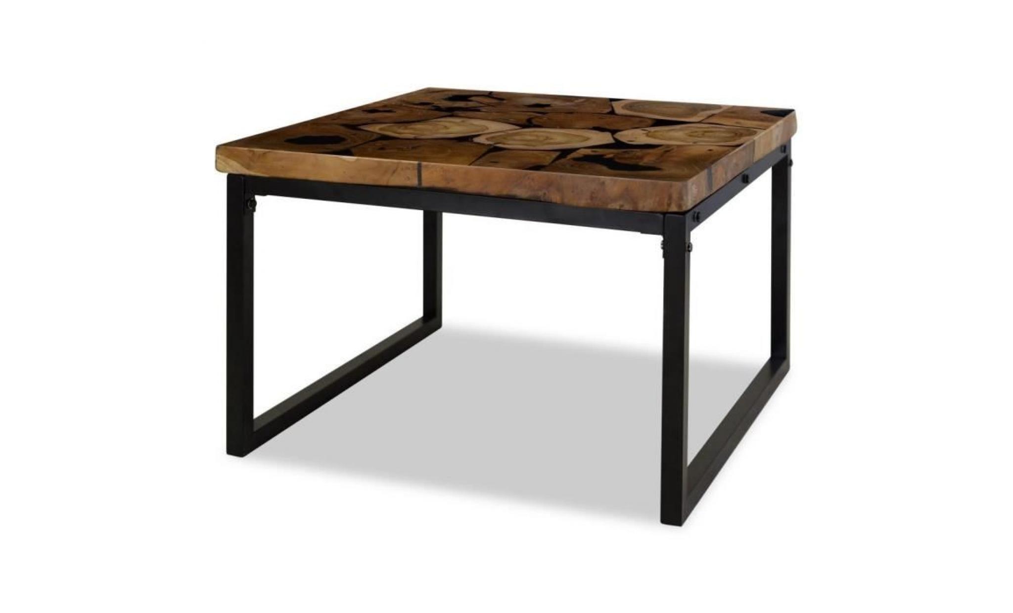 r44 cette table basse frappante, faite de teck veritable avec de la resine noire, degage un charme rustique et sera un e