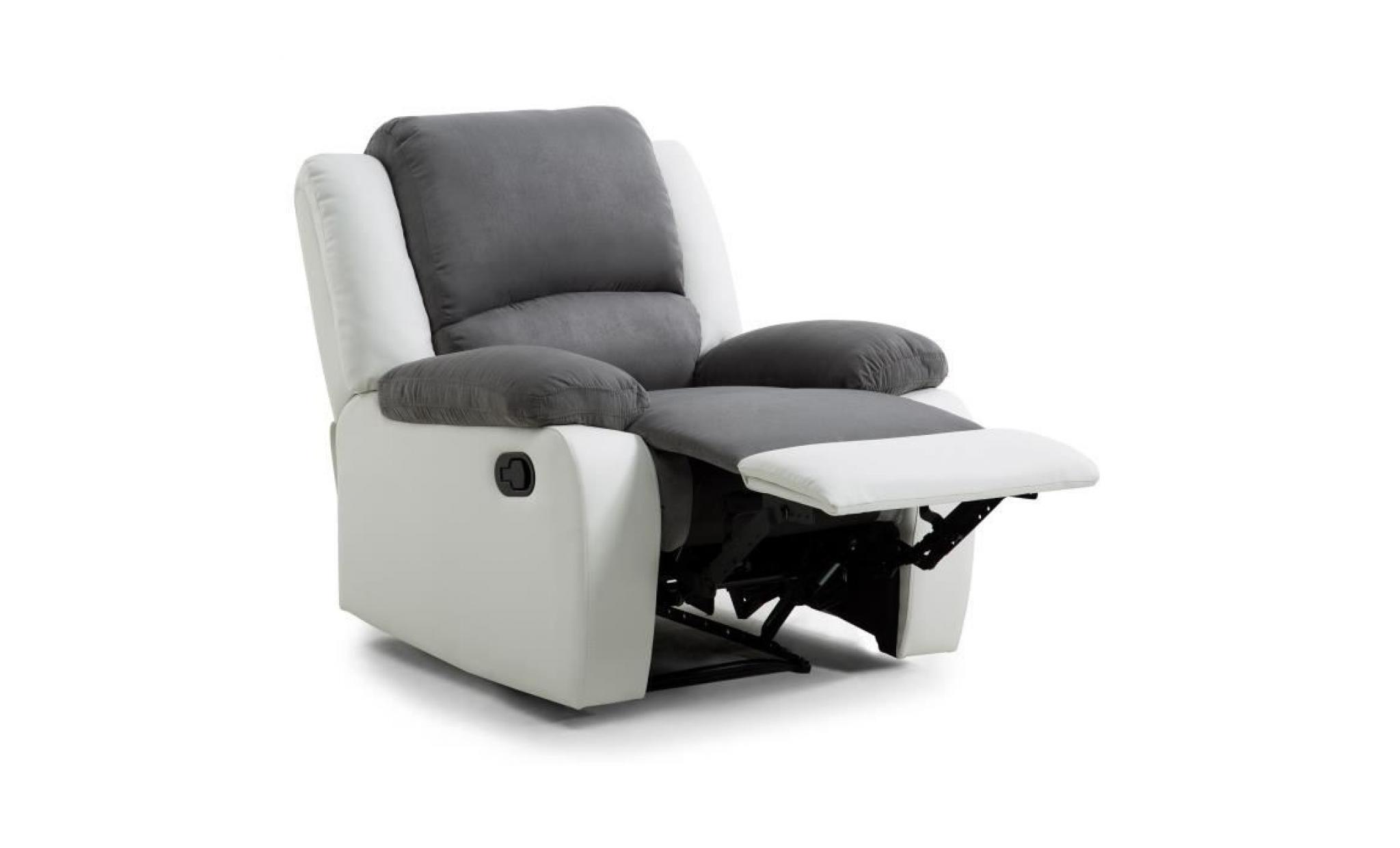 relax fauteuil relaxation   simili et tissu blanc et gris   style contemporain   l 86 x p 90 cm