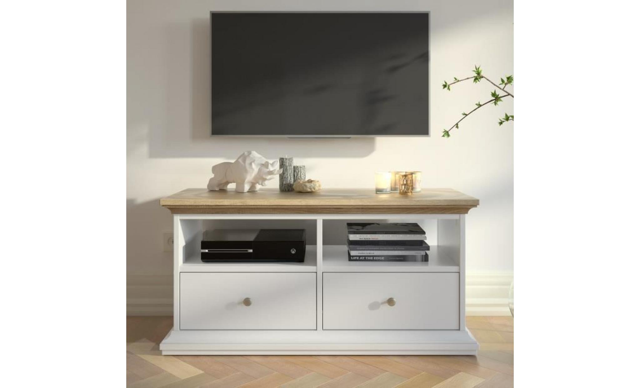 rochefort meuble tv style contemporain blanc et décor chêne   l 102,6 cm pas cher