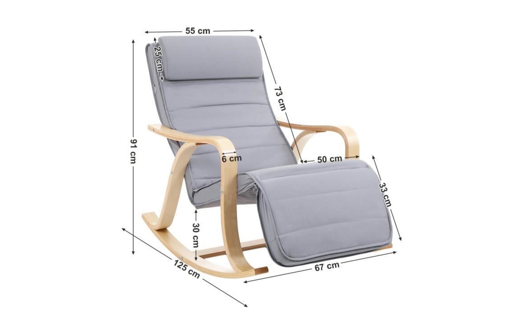 songmics fauteuil à bascule rocking chair revêtement tissu avec repose pied réglable 5 niveaux gris clair lyy41g pas cher
