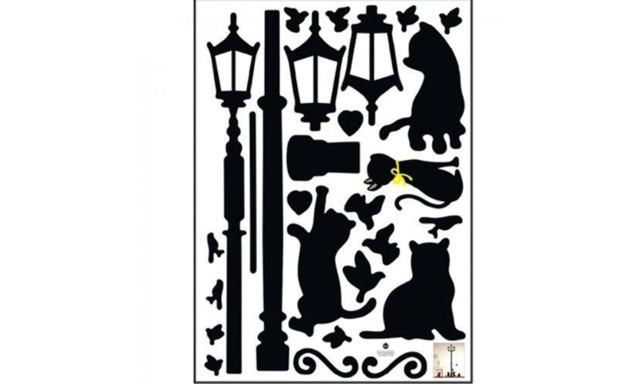 runfon sticker mural chats enjoués + silhouette de lampadaire romantique (décalcomanie) pas cher