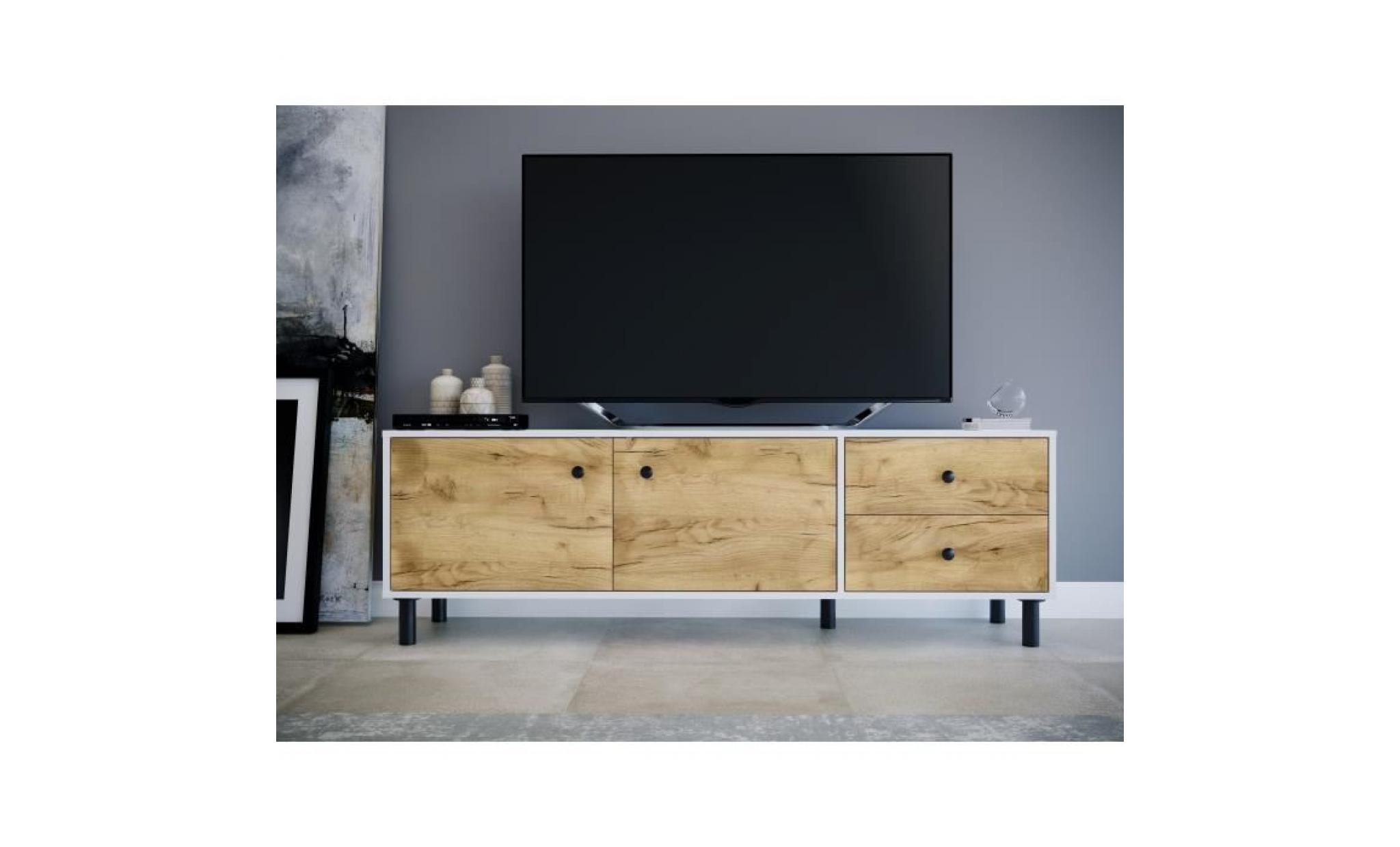 rusticae meuble tv vintage mélaminé blanc et décor chêne mat   l 160 cm pas cher