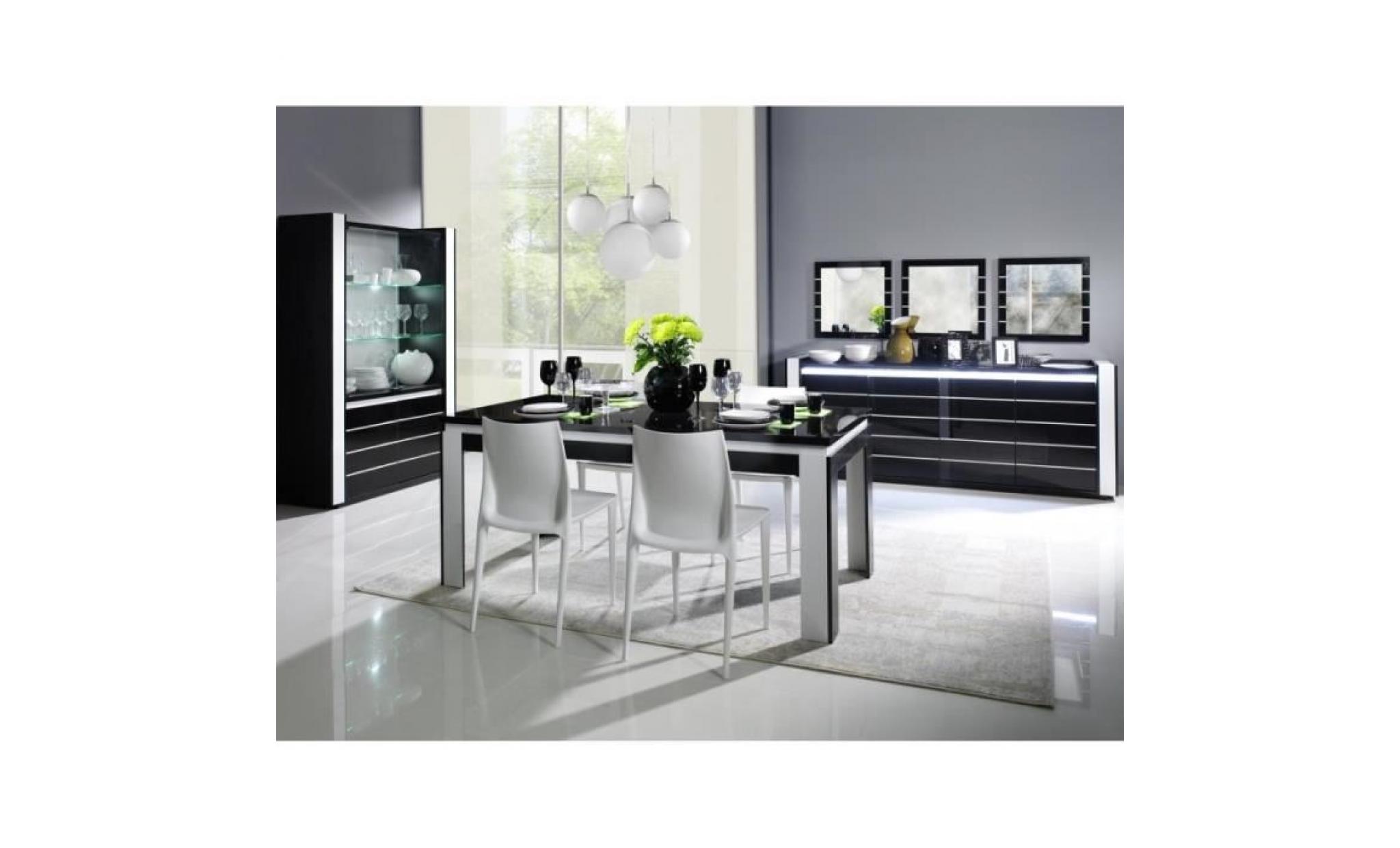 salle à manger complète lina noire et blanche. table 160 cm + buffet + 3 x miroirs + vaisselier (led)