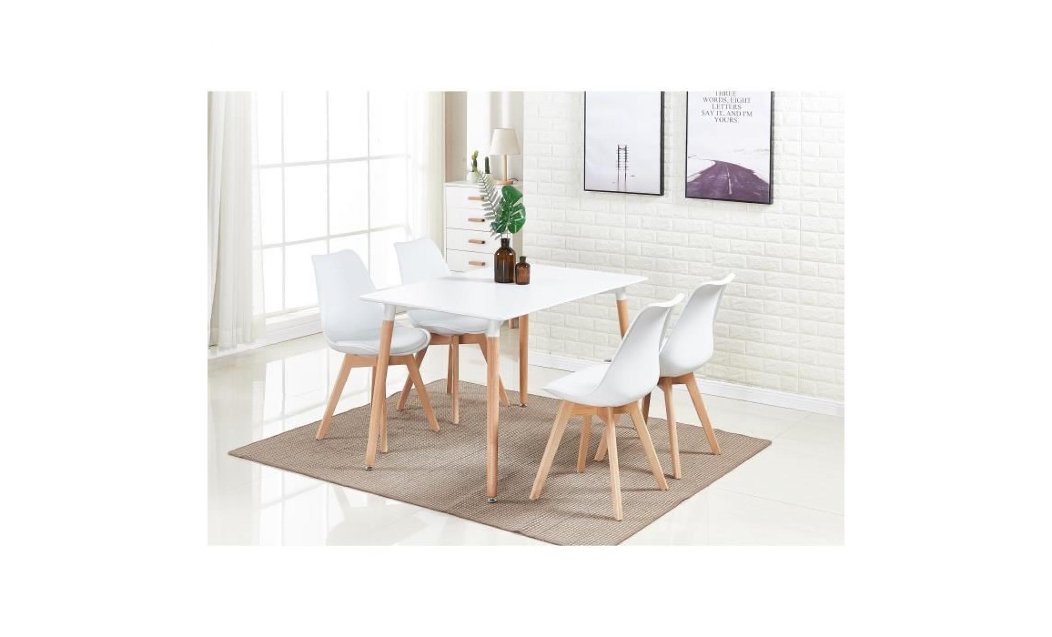 ensemble table de salle à manger complet   table blanche + 4 chaises blanches   design scandinave   cuisine, salon, bureau