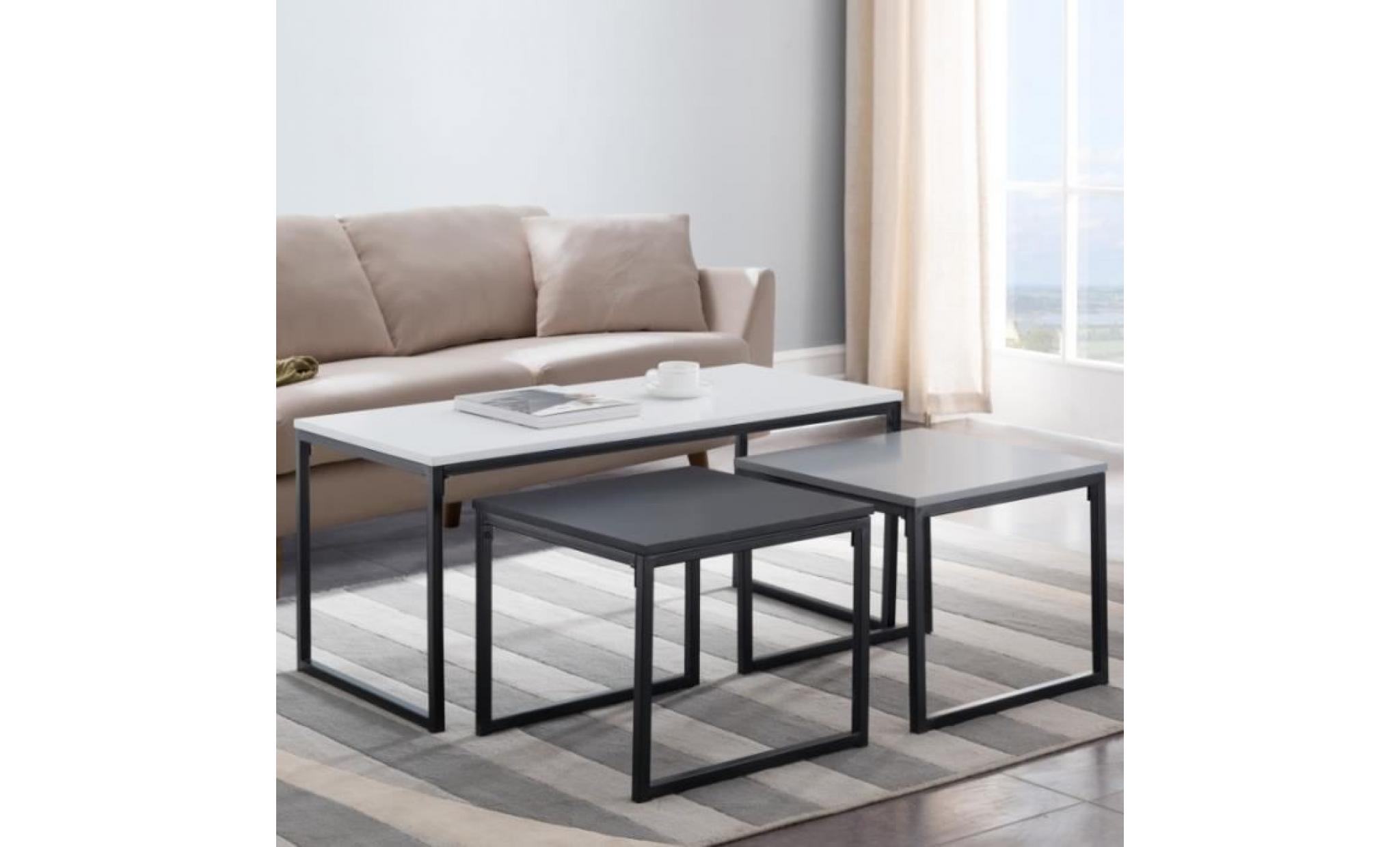 ensemble de tables basses   monochrome   3 tables   couleurs : blanche, noire, grise   style industriel   style scandi