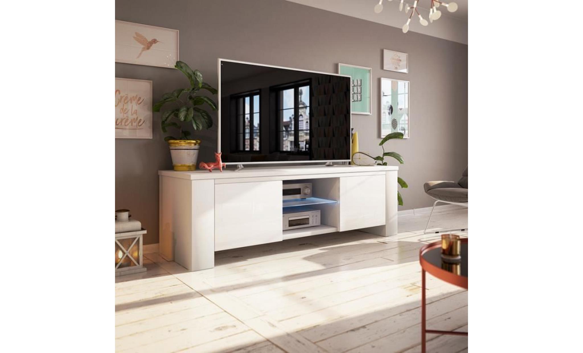 meuble tv / meuble salon   jackson   130 cm   blanc mat / blanc brillant   avec led   style moderne   tablette en verre