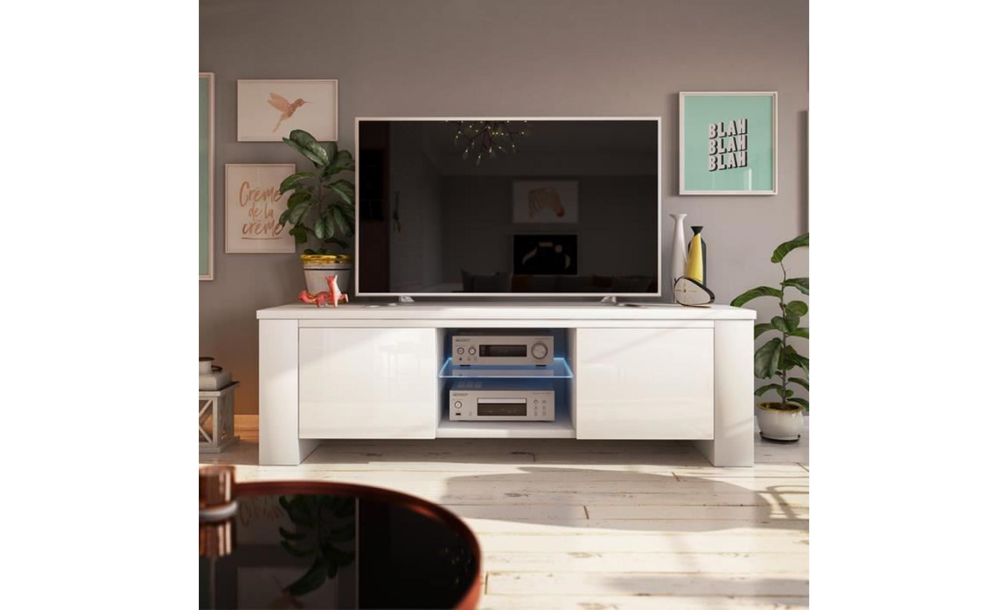 meuble tv / meuble salon   jackson   130 cm   blanc mat / blanc brillant   avec led   style moderne   tablette en verre pas cher