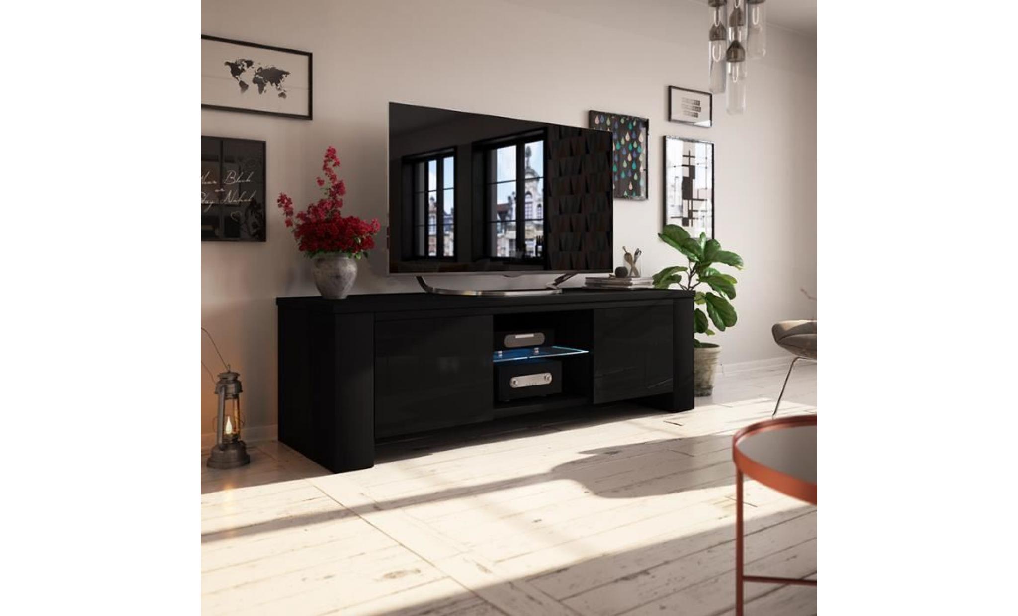 meuble tv / meuble salon   jackson   130 cm   noir mat / noir brillant   avec led   style moderne   tablette en verre
