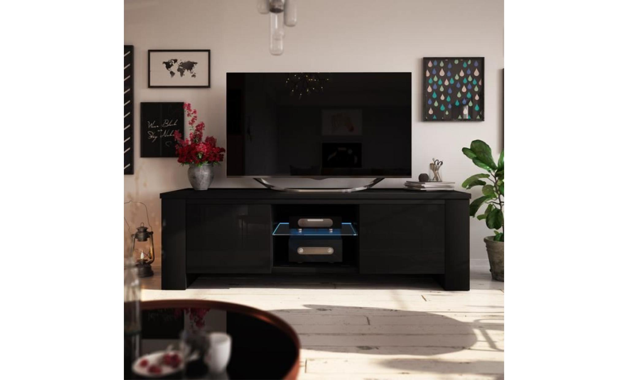 meuble tv / meuble salon   jackson   130 cm   noir mat / noir brillant   avec led   style moderne   tablette en verre pas cher