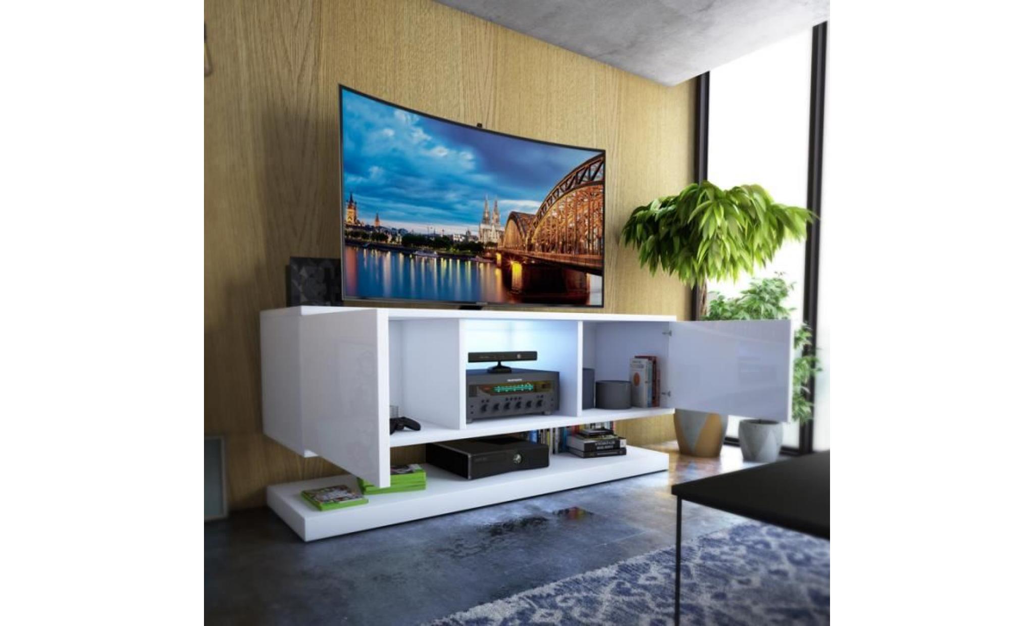 meuble tv / meuble salon wizz   140 cm   blanc mat / blanc brillan   avec led   style moderne   meuble tv suspendu pas cher