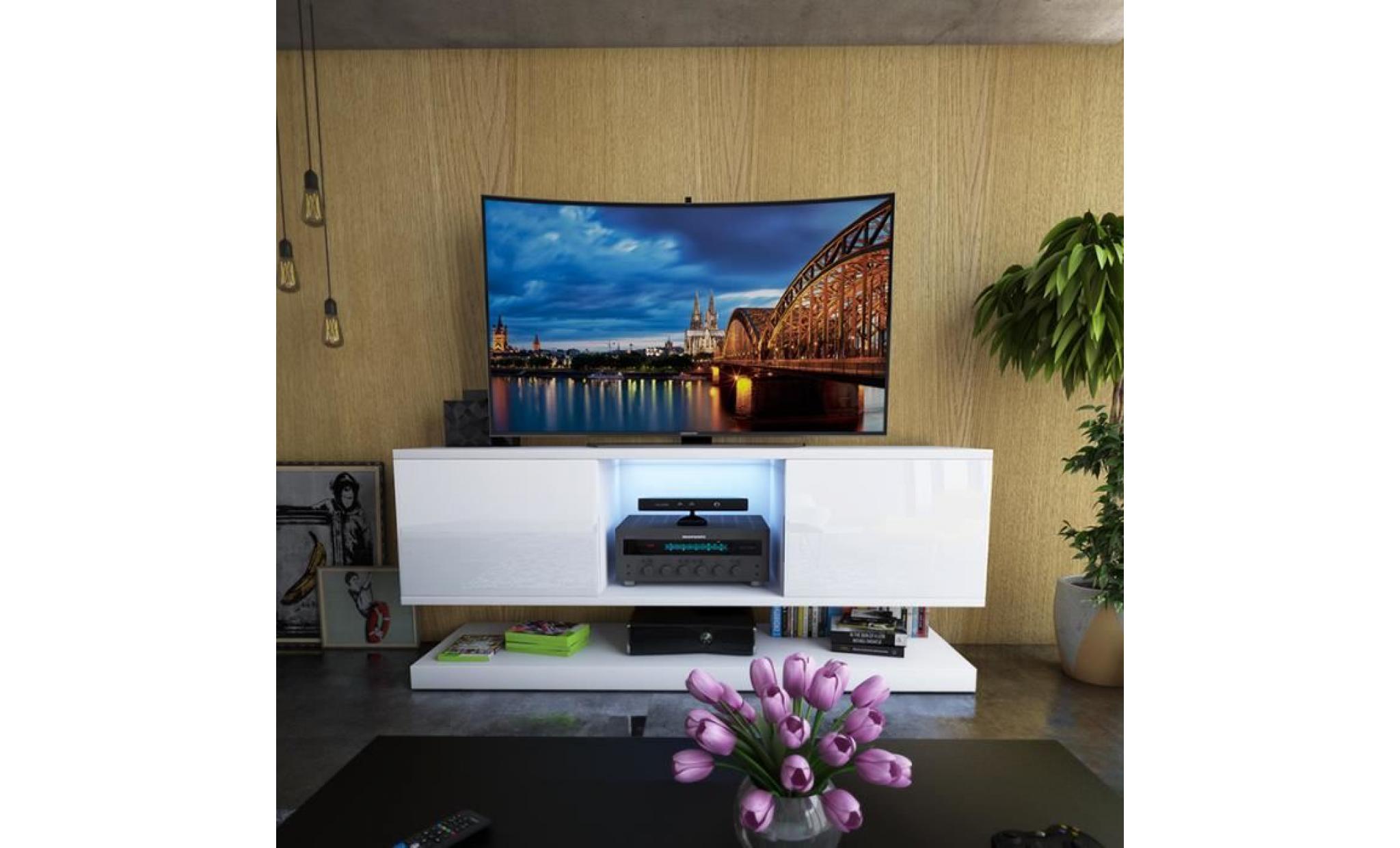 meuble tv / meuble salon wizz   140 cm   blanc mat / blanc brillan   avec led   style moderne   meuble tv suspendu pas cher