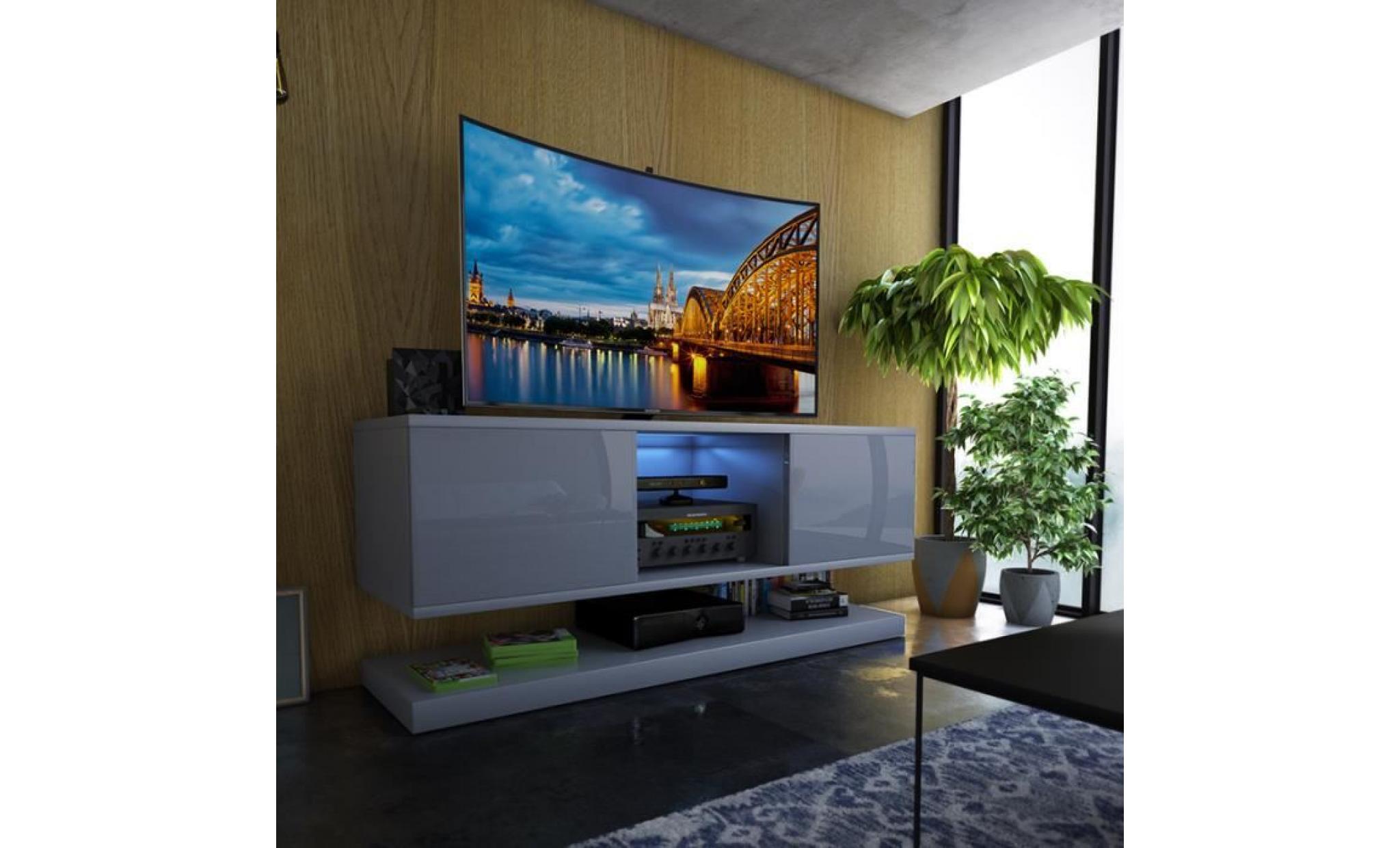 meuble tv / meuble salon wizz   140 cm   gris mat / gris brillant   avec led   style moderne   meuble tv suspendu