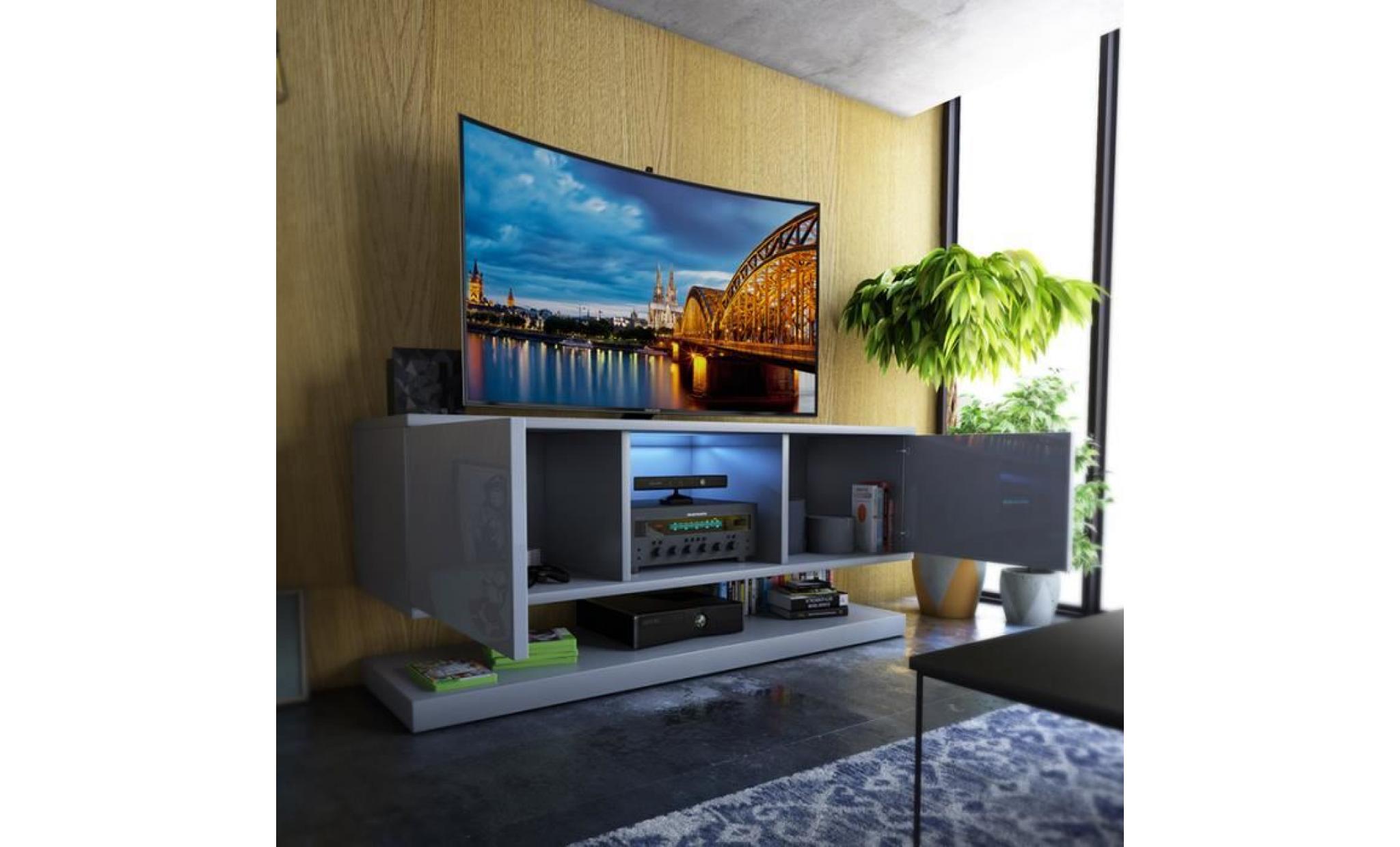 meuble tv / meuble salon wizz   140 cm   gris mat / gris brillant   avec led   style moderne   meuble tv suspendu pas cher