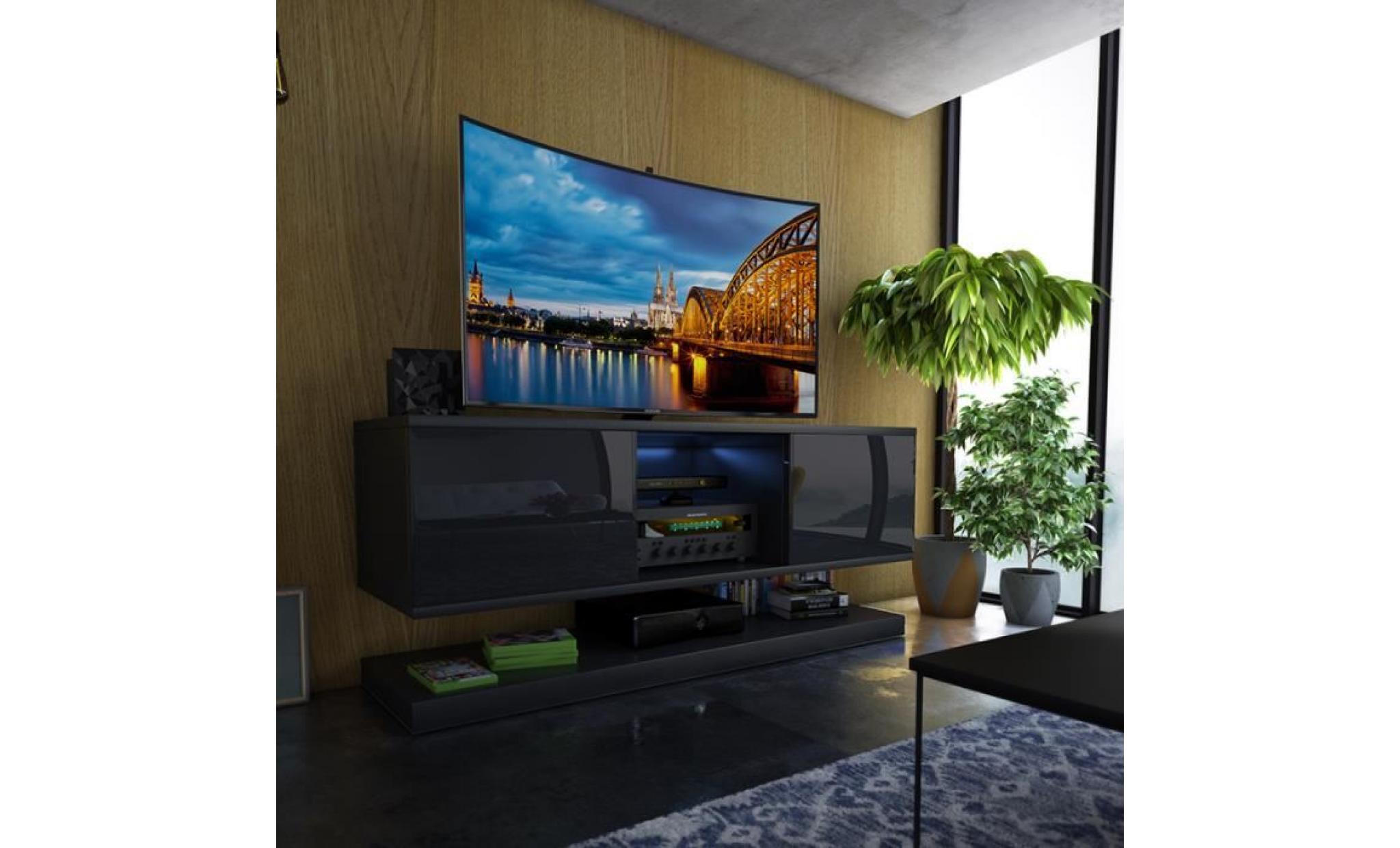 meuble tv / meuble salon wizz   140 cm   noir mat / noir brillant   avec led   style moderne   meuble tv suspendu