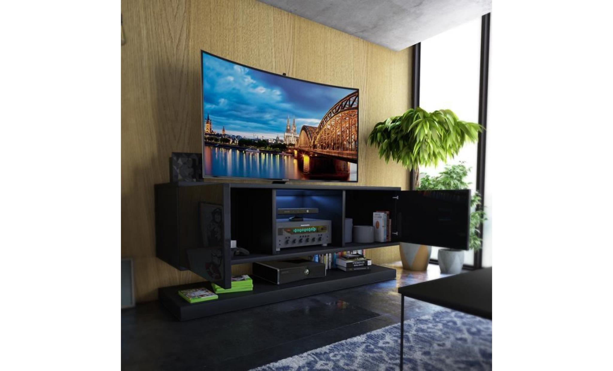 meuble tv / meuble salon wizz   140 cm   noir mat / noir brillant   avec led   style moderne   meuble tv suspendu pas cher