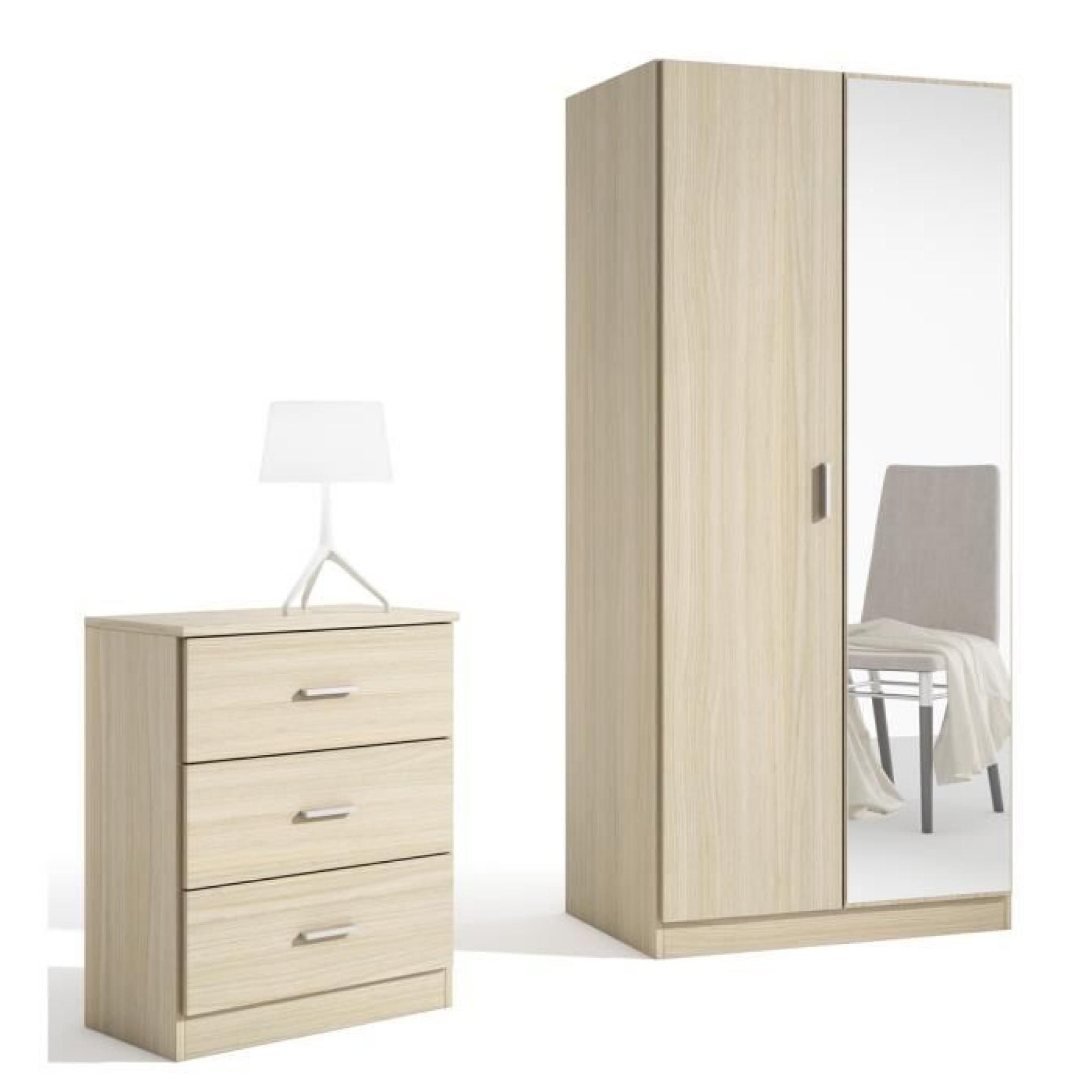 Set armoire avec 2 portes et miroir + commode 3tiroirs en chêne, L133 x H170 x P49 cm