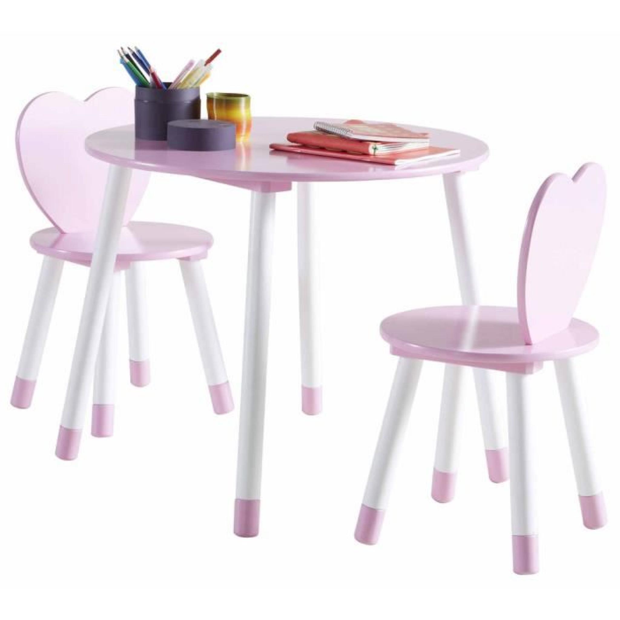 Set de table + 2 chaises enfant Princess en bois blanc et rose, L60 x P60 x H50 cm