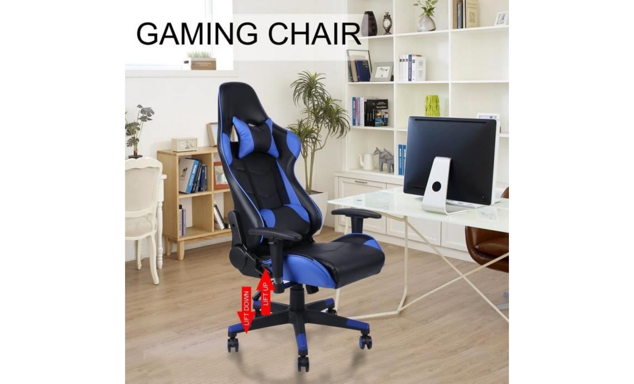 siège gaming fauteuil gamer chaise de jeu dossier réglable style racing fonction de basculement 2 coussins bleu