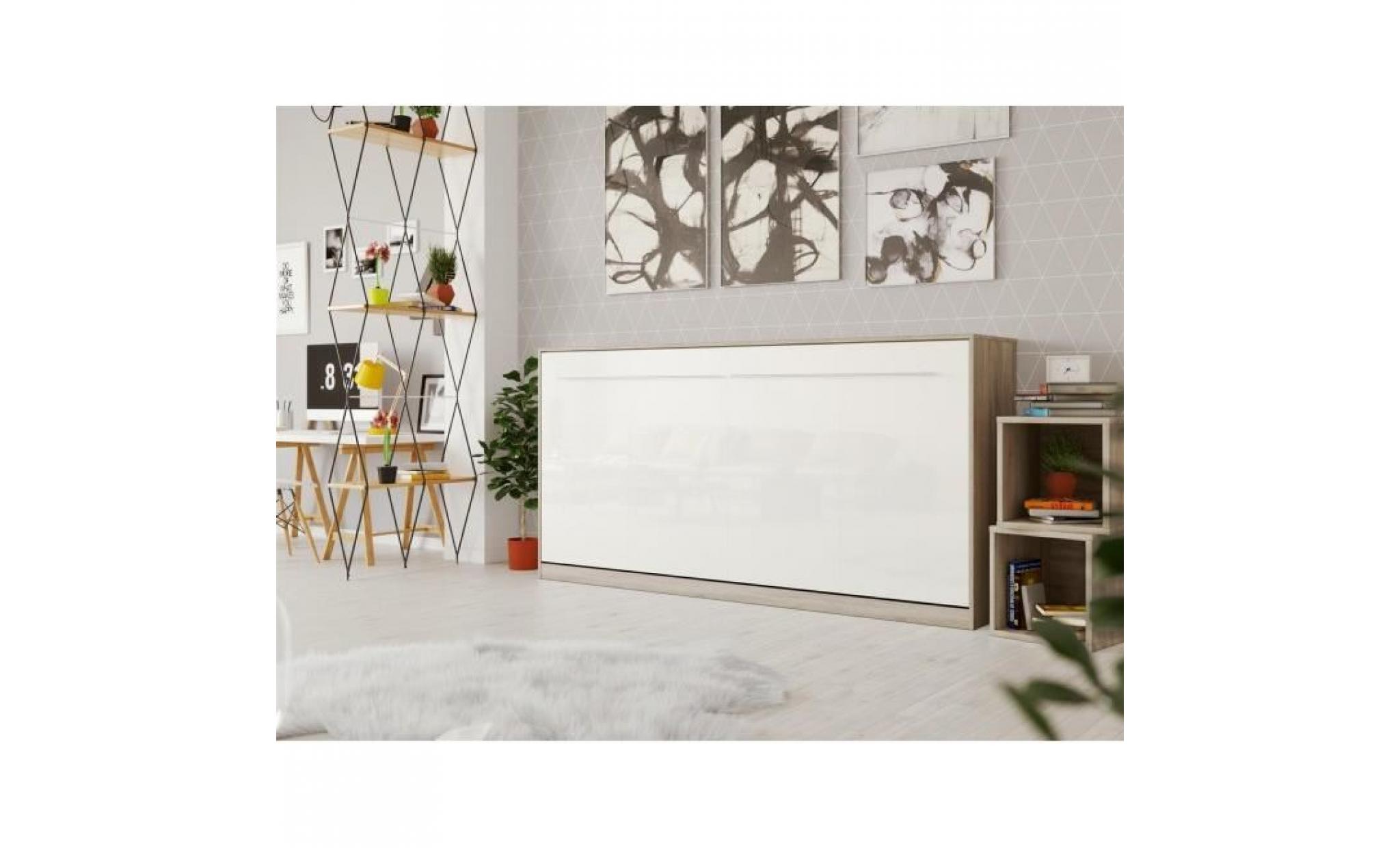 smartbett standard 90x200 horizontal chêne sonoma / blanc devant brillant avec ressorts à gaz armoire lit escamotable