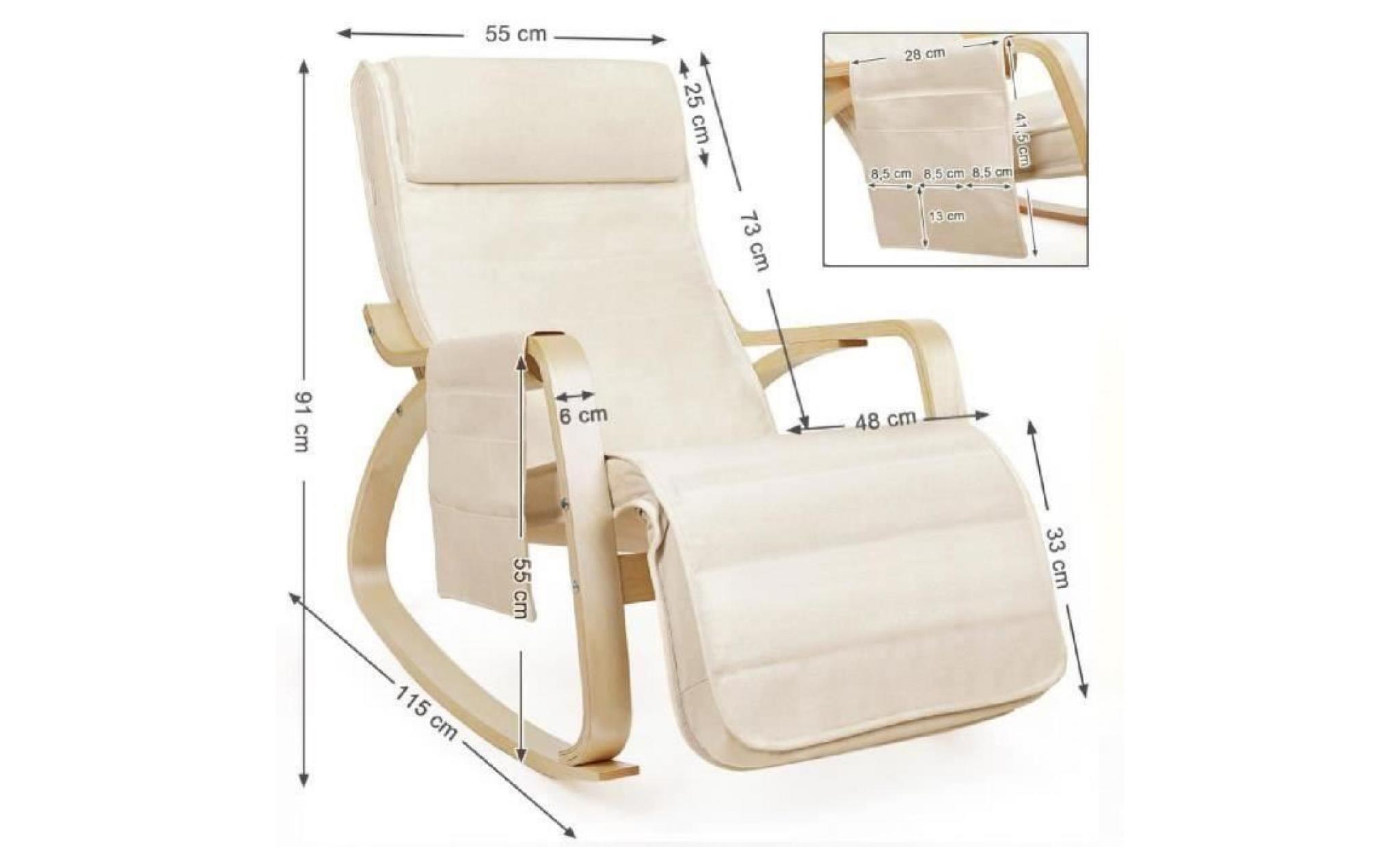 songmics fauteuil à bascule rocking chair avec repose pieds réglable à 5 niveaux 55 x 80 x 91 cm (l x l x h) lin beige lyy12m pas cher