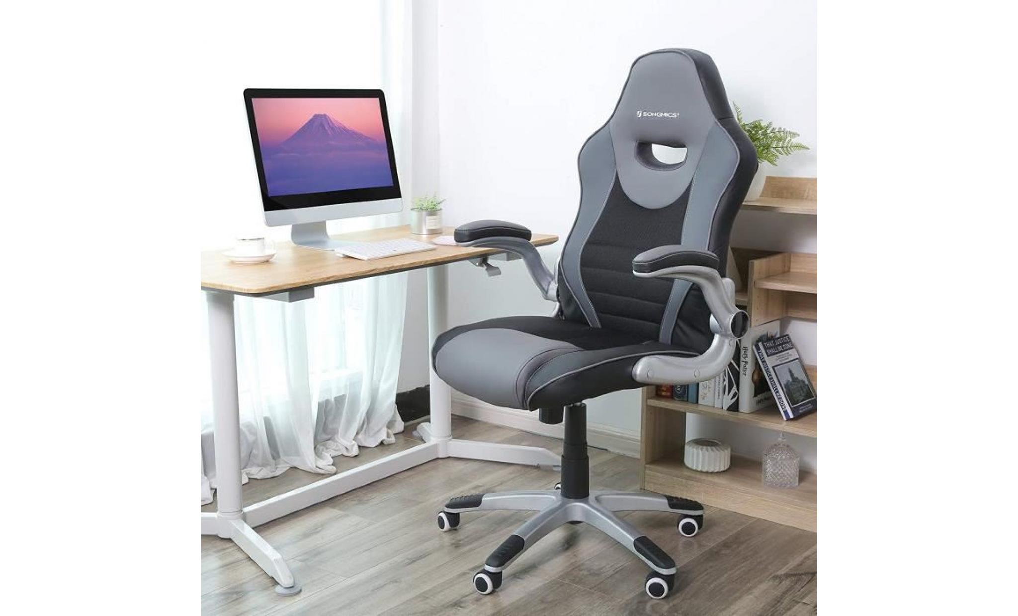 songmics chaise de bureau pivotant ergonomique 115 125 cm avec accoudoirs pliables piètement en étoile en nylon noir gris obg63bg