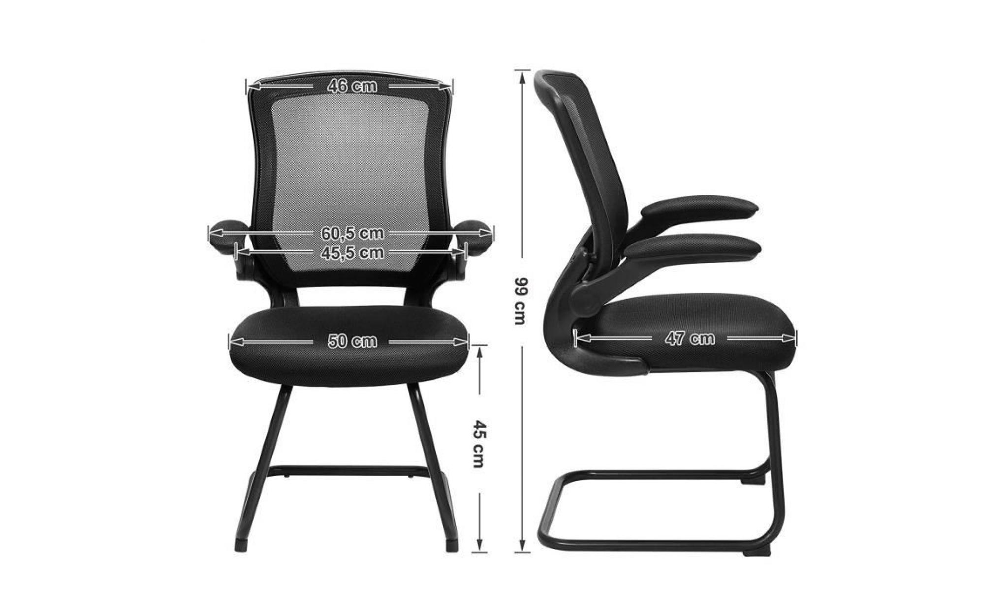 songmics fauteuil de bureau en maille hauteur 99 cm chaise de bureau accoudoirs pliables charge max.150 kg noir obn35bk pas cher