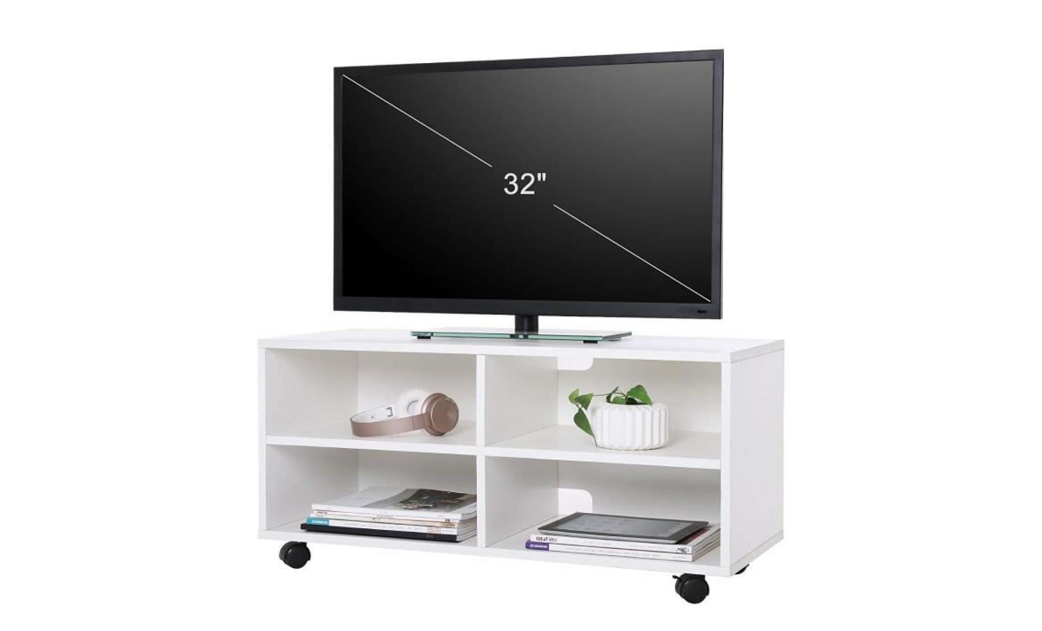 songmics® meuble tv mobile avec 4 compartiments et roulettes, buffet bas ouvert pour téléviseur, enregistreur dvd, blanc, ltc02wt pas cher