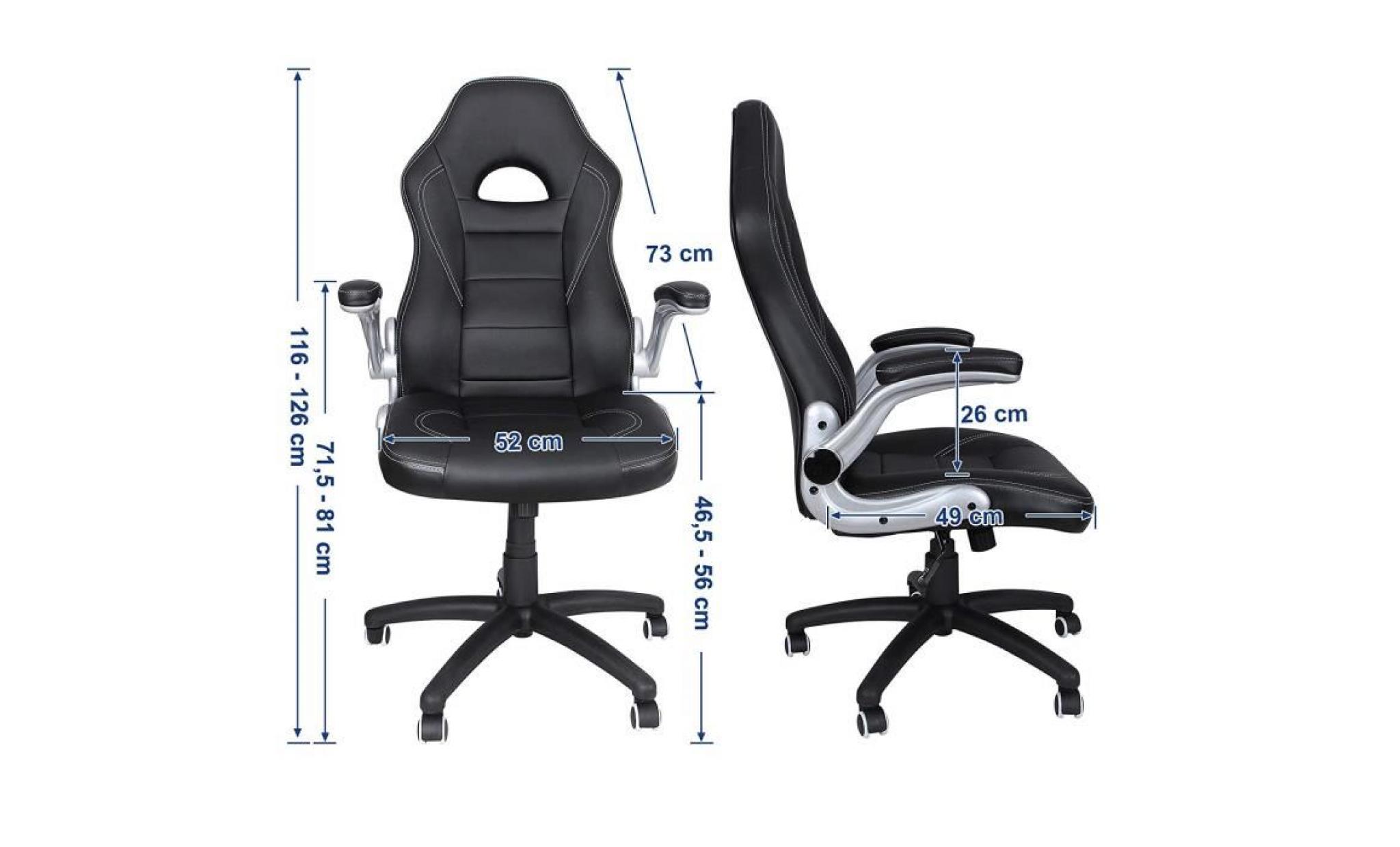 songmics chaise de bureau hauteur réglable 119 129 cm fauteuil racing sport pu accoudoir réglable noir obg28b pas cher