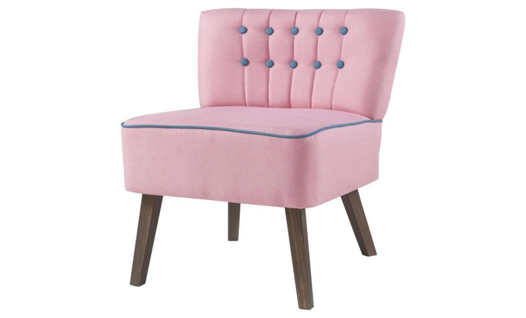 stanford fauteuil crapaud  tissu rose boutons bleu   scandinave   l 60 x p 44 cm