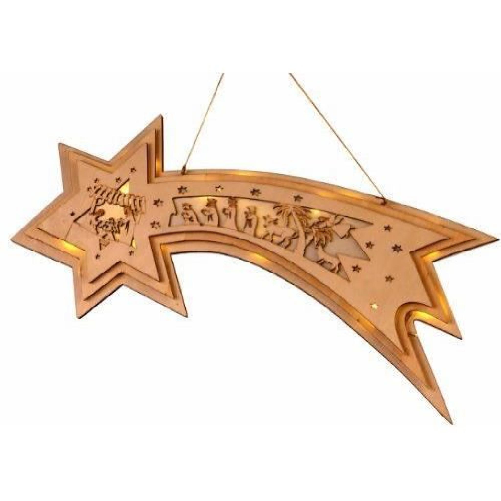 Star German Christmas Bougeoir LED motif étoile filante, 15 lampes, bois à piles, dans une boîte colorée, 21 x 42 cm