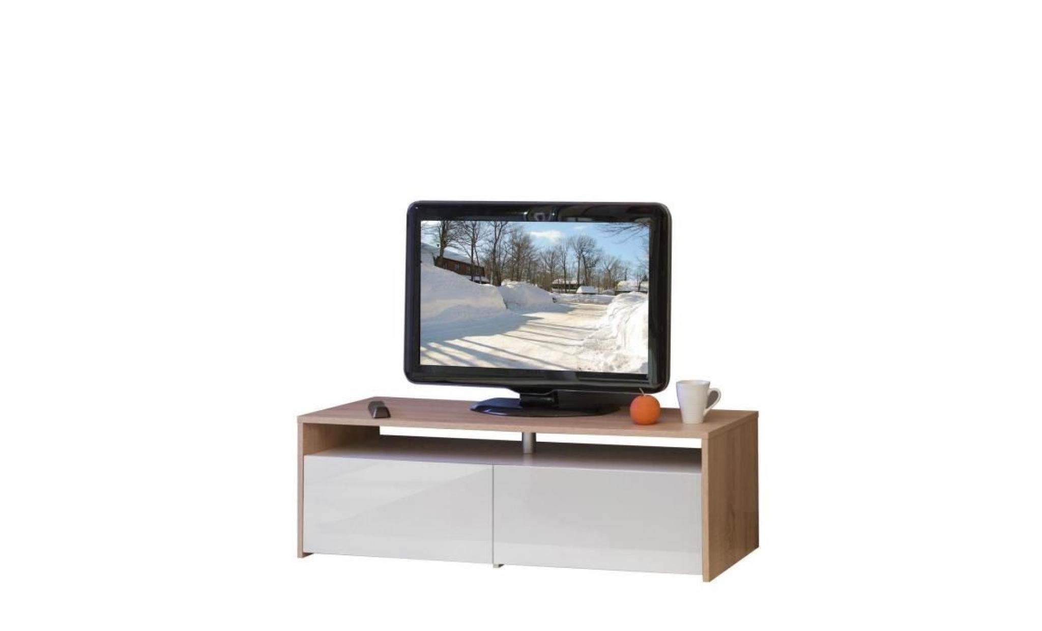 sun meuble tv contemporain coloris chêne et blanc laqué + façades laquées   l 120 cm pas cher