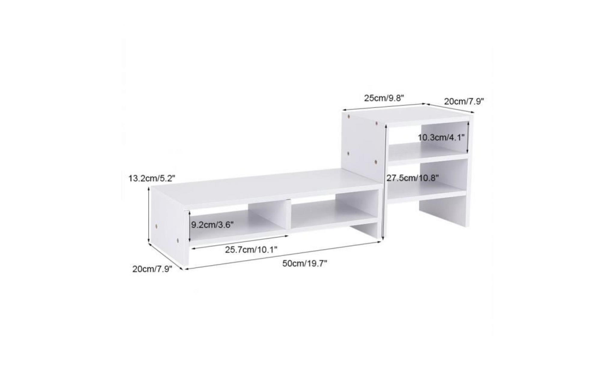 support de bureau pour pc ou écran rangement en bois + étagère à 3 couches   blanc pas cher