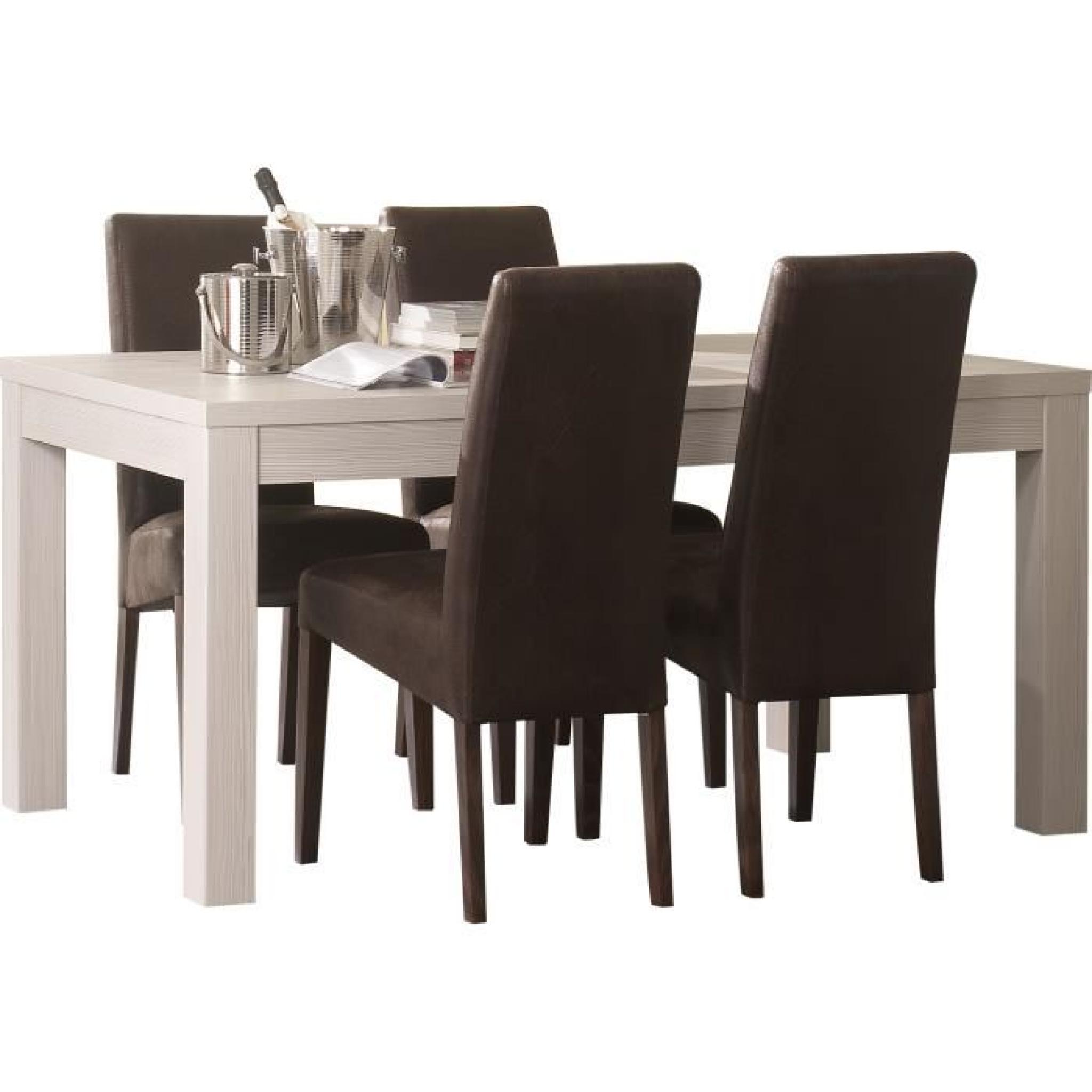 Table 190 cm en bois clair + 4 chaises en tissu brun foncé