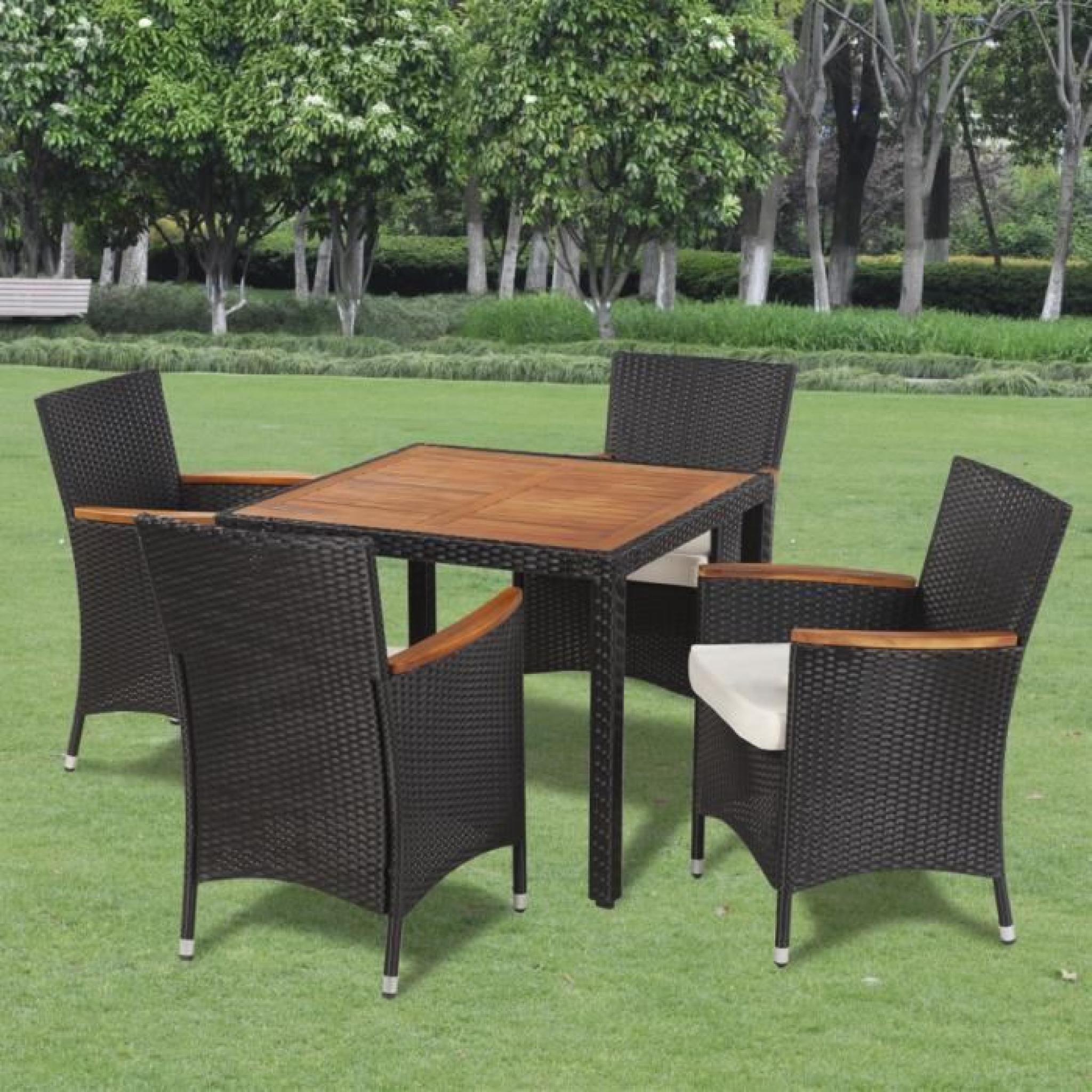 Table à manger avec plateau en bois et 4 chaises en polyrotin