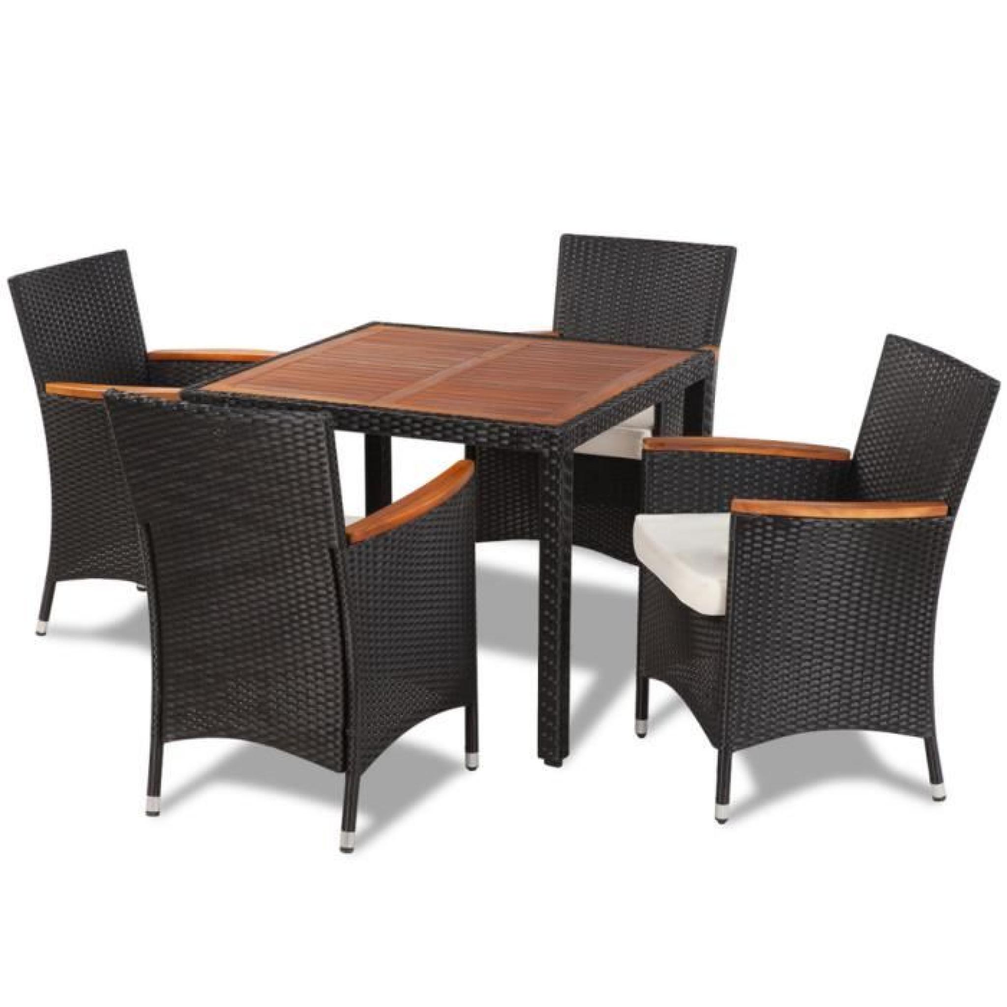 Table à manger avec plateau en bois et 4 chaises en polyrotin pas cher