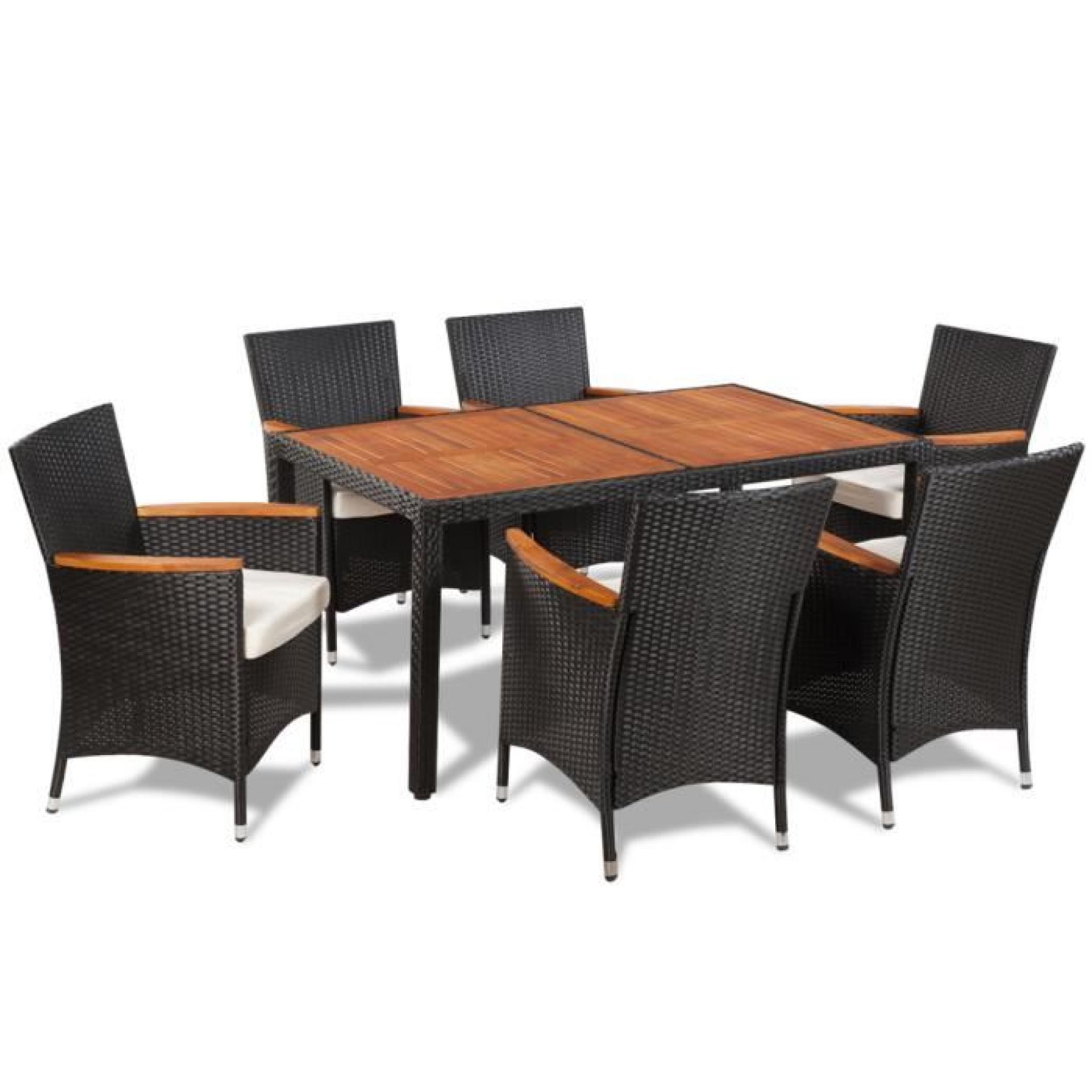 Table à manger avec plateau en bois et 6 chaises en polyrotin pas cher