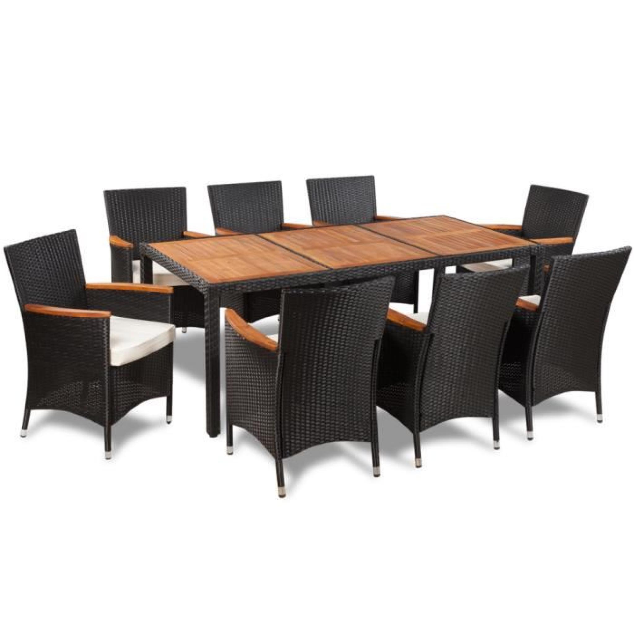 Table à manger avec plateau en bois et 8 chaises en polyrotin pas cher