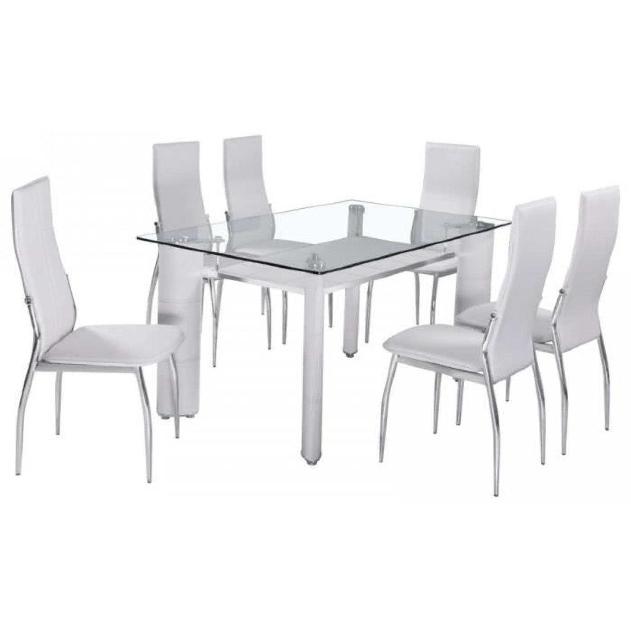 Table à manger en verre + 6 chaises PU blanc