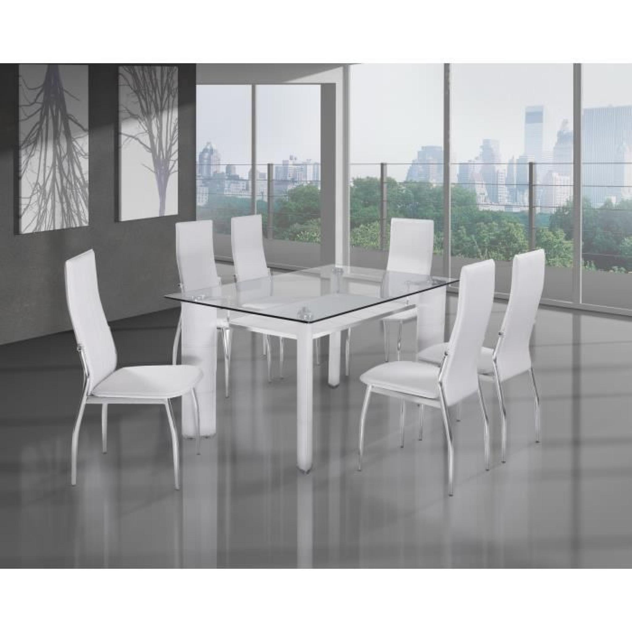 Table à manger en verre + 6 chaises PU blanc pas cher