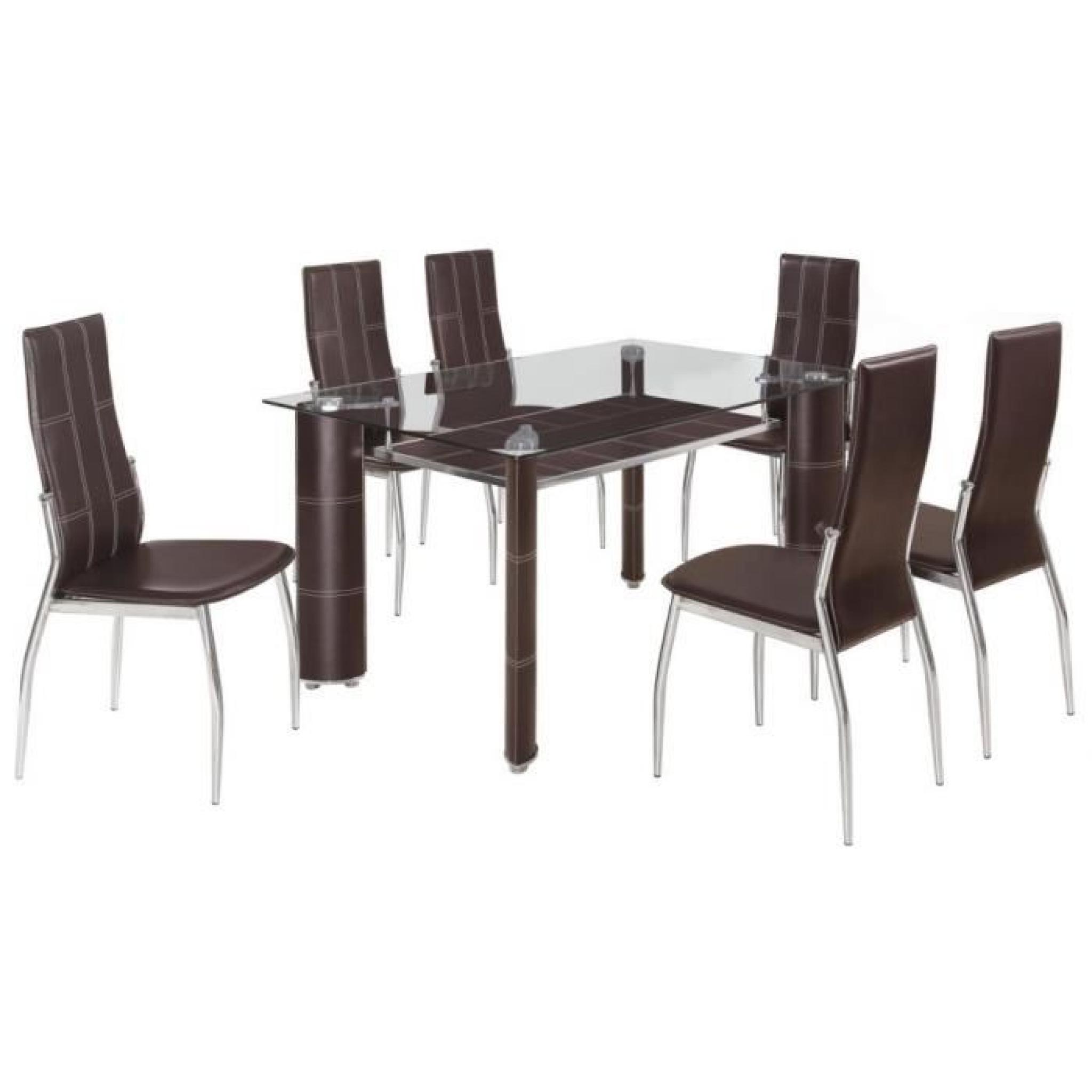 Table à manger en verre + 6 chaises PU brun