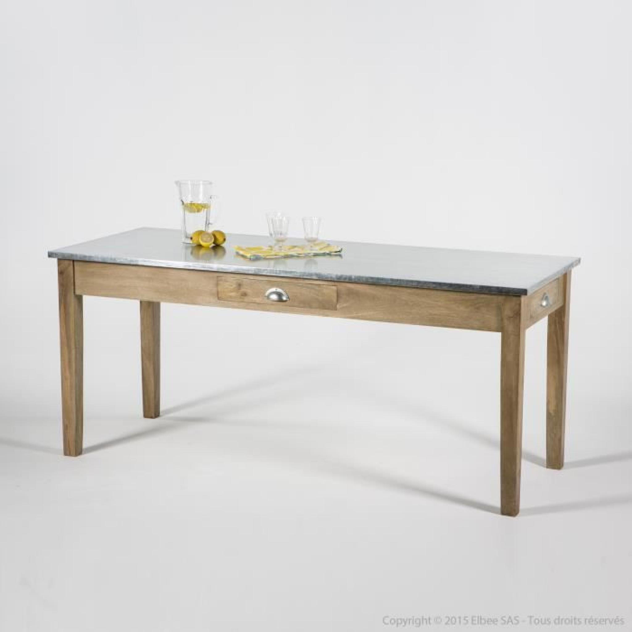 Table à manger rectangulaire en bois plateau zinc avec tiroirs HANKO-3 tiroirs180 cm