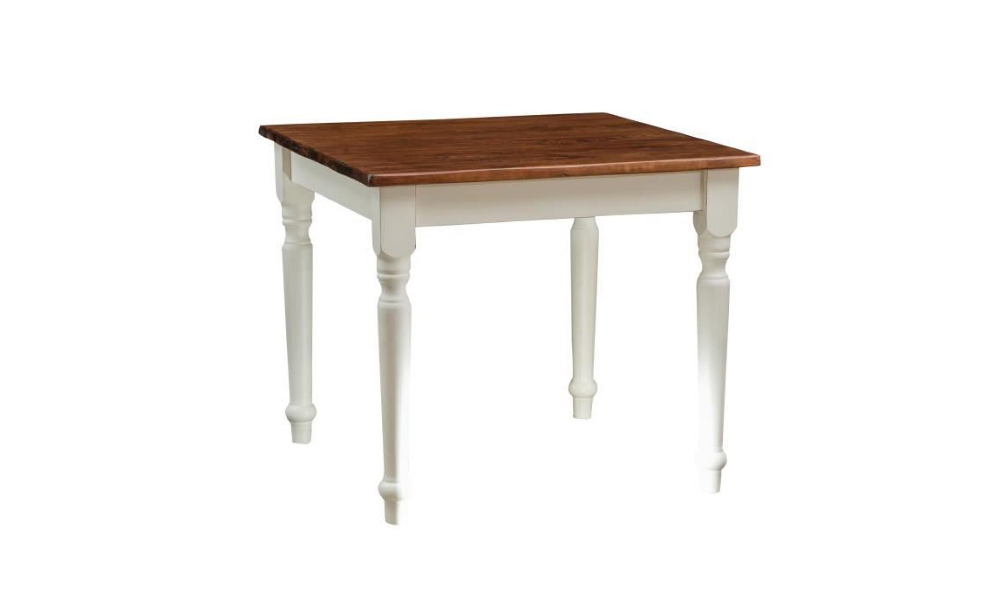 table à rallonge style champêtre en bois massif structure blanche vieillie sur plan en noyer l90xpr90xh78 cm