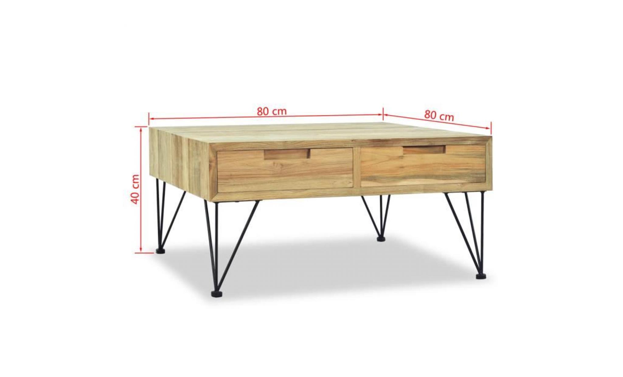 table basse 80 x 80 x 40 cm teck massif avec 2 tiroirs pas cher