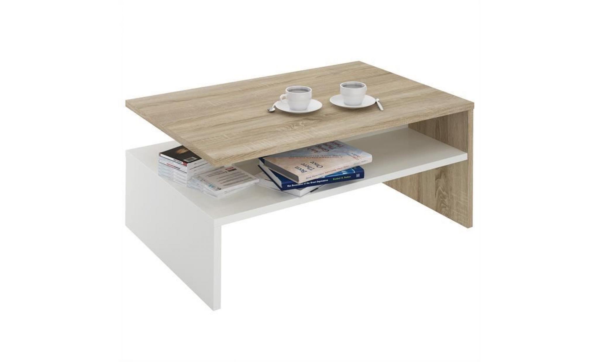 table basse de salon adelaide rectangulaire avec rangement mélaminé décor chêne sonoma et blanc mat