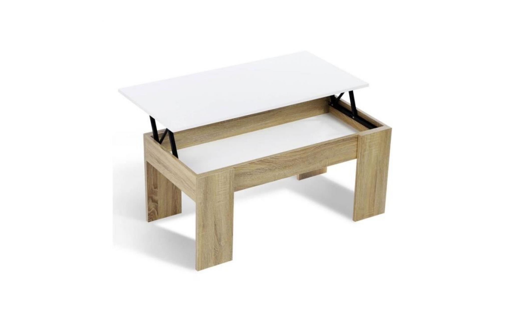 table basse avec plateau relevable bois blanc et imitation hêtre pas cher