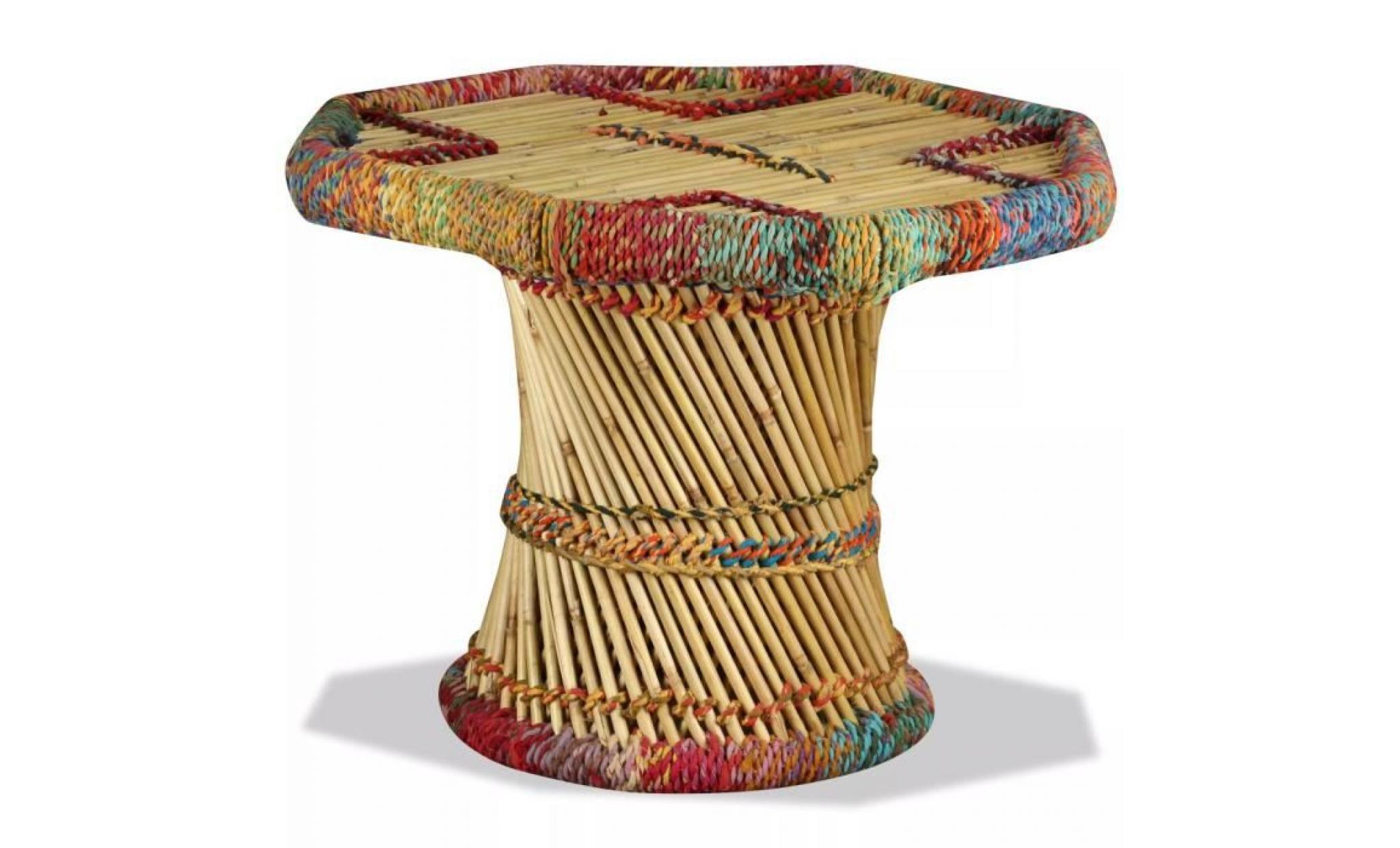 table basse bambou avec détails chindi multicolore