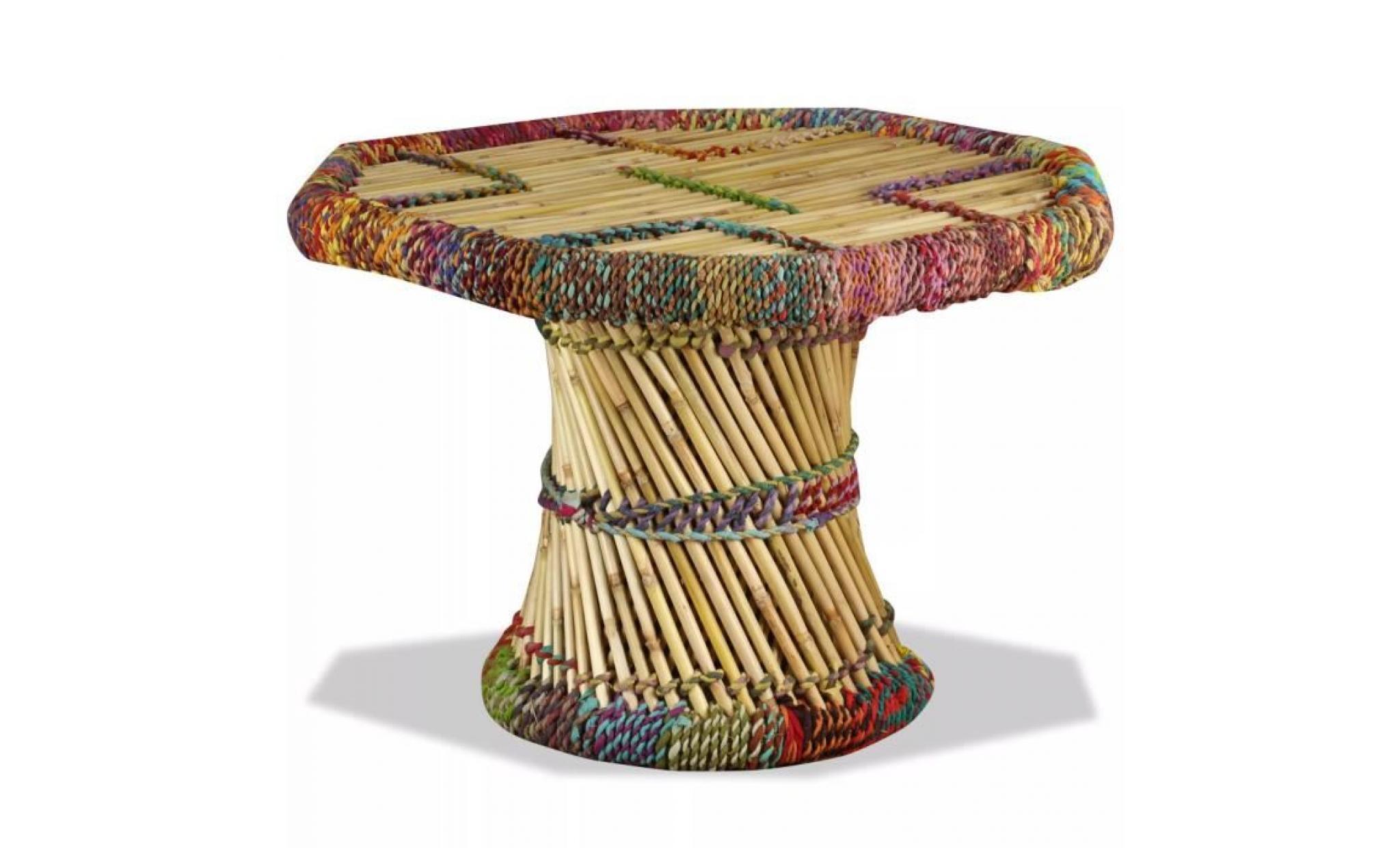 table basse bambou avec détails chindi multicolore pas cher