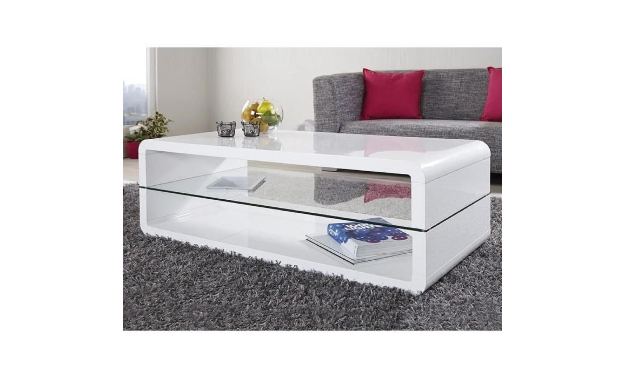 table basse blanc laqué 120cm avec plateau en verre pas cher